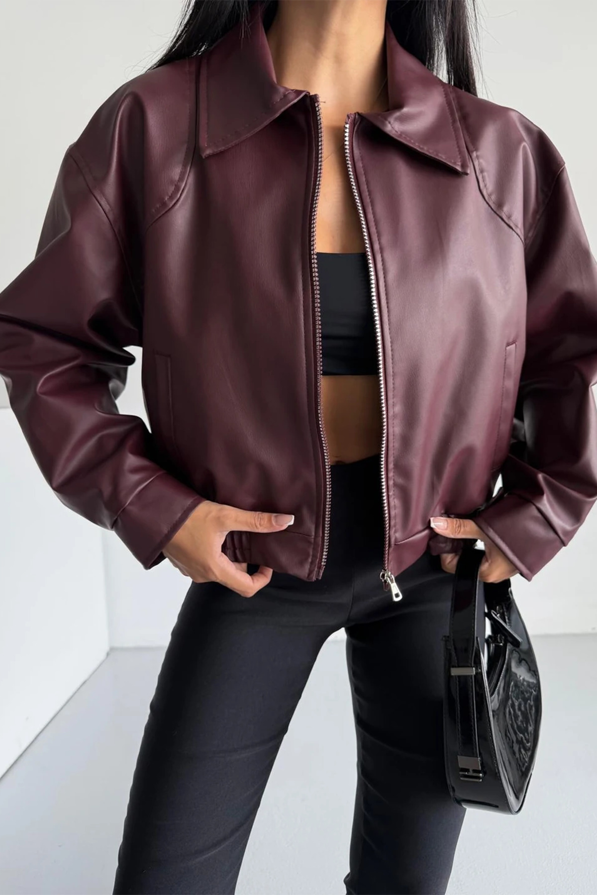 Genel Markalar  Kadın Bomber Beli Lastikli Deri Ceket - Görsel 2