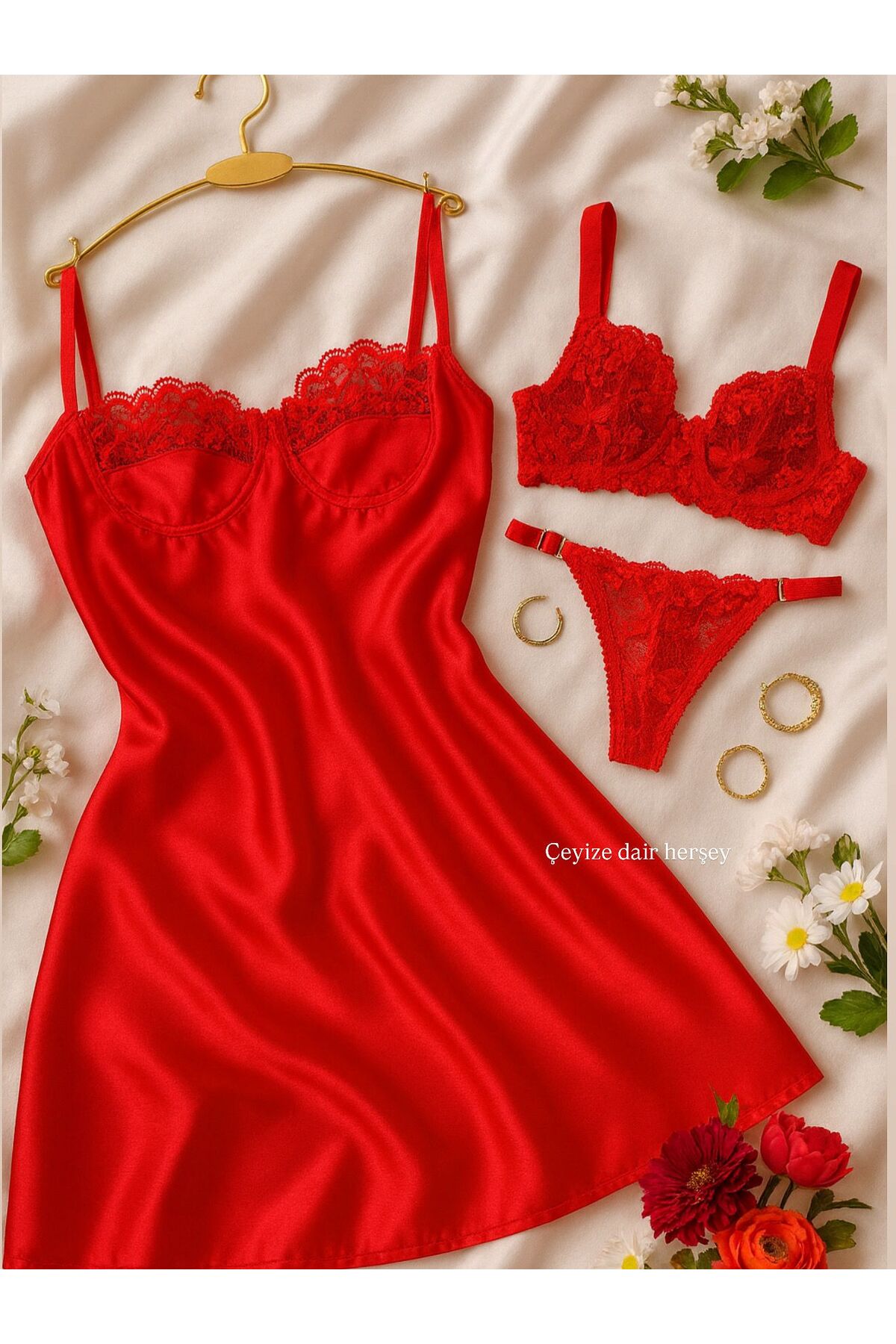 cdh çeyize dair herşey Luna Charm Kırmızı Dantel Saten 3’lü Lingerie Çeyizlik Set – Gecelik, Sütyen ve Külot