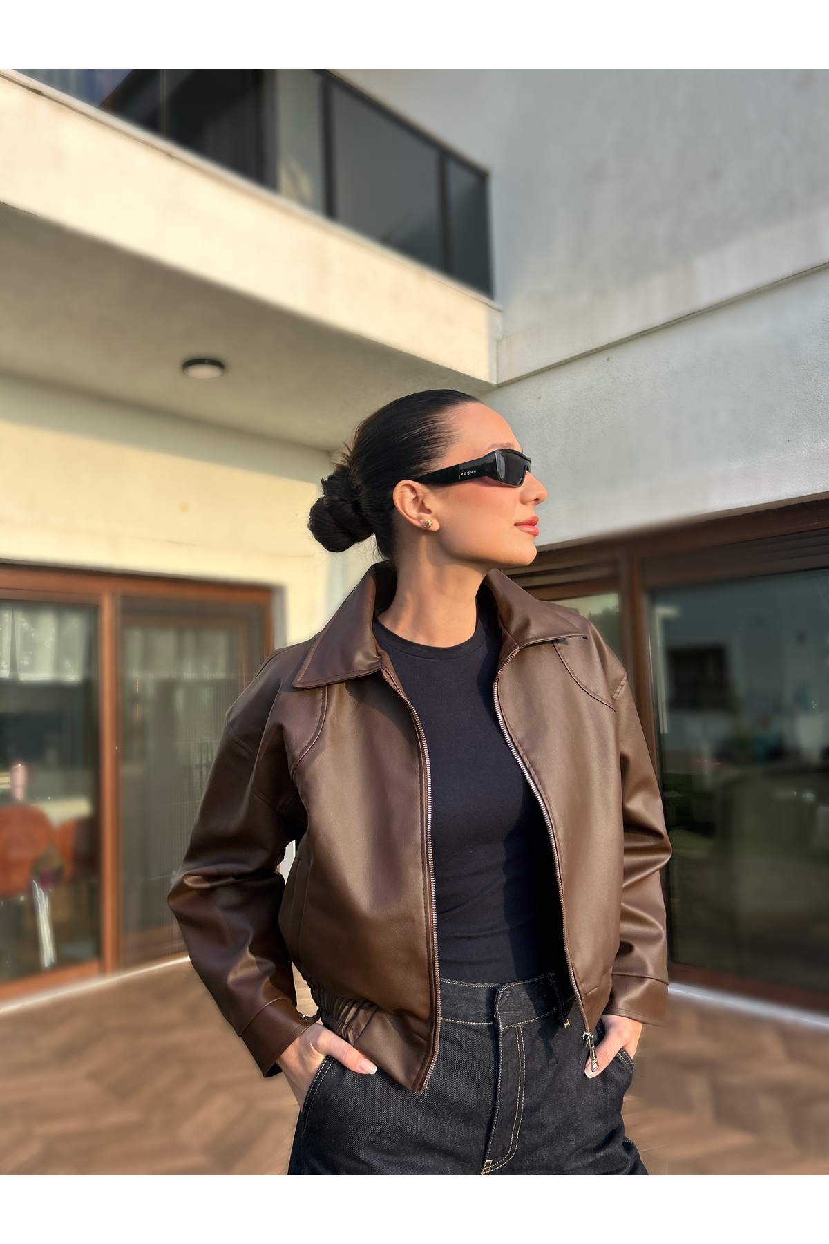 COJIKO  Kadın Bomber Beli Lastikli Deri Ceket