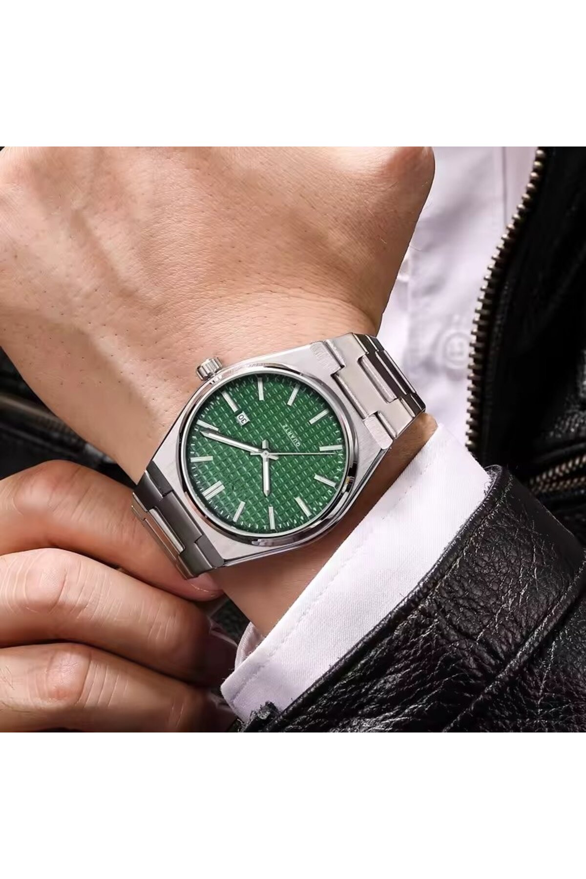 Korikom  Premium Gümüş Analog Erkek Kol Saati – Yeşil Kadranlı, Çelik Kordon, Quartz, Takvimli - STC11987 - Görsel 2