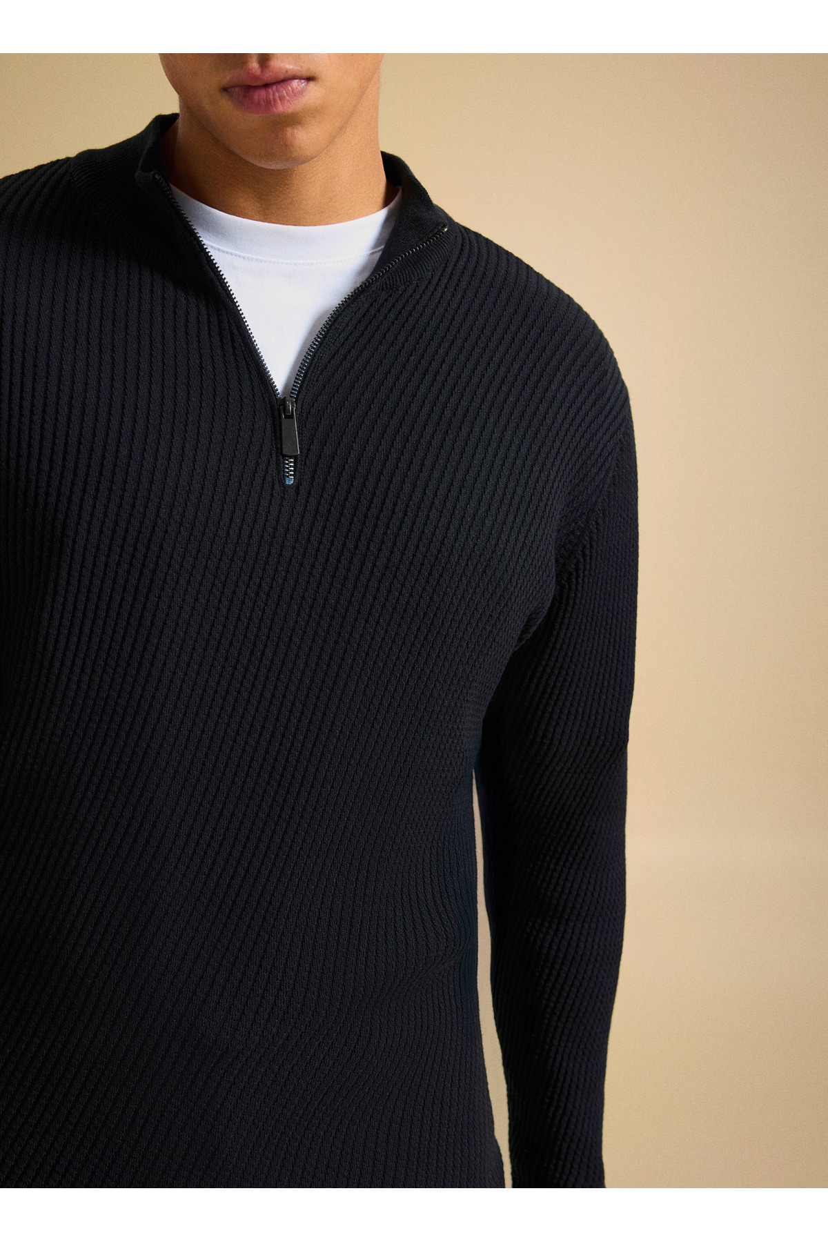 People By Fabrika Dik Yaka Classic Fit Fitilli Siyah Erkek Kazak PBF5WM-KZK9538 görsel 7