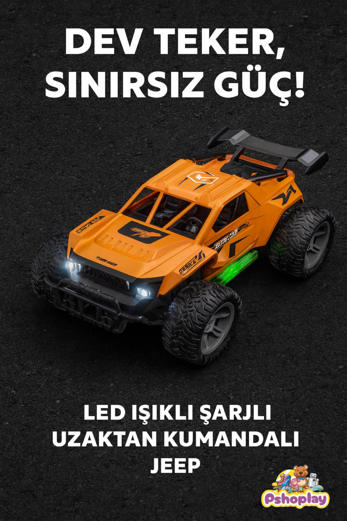 Pshoplay 1:16 Şarjlı Dev Teker Uzaktan Kumandalı Jeep – LED Işıklı Pick-Up Arazi Aracı