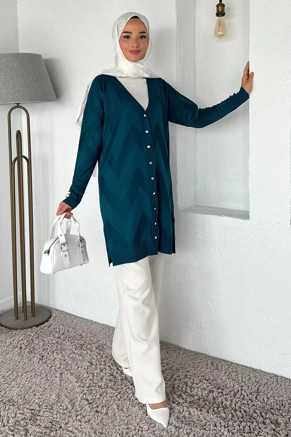 ZehraGül Petrol Ön Düğmeli Desenli Tesettür Triko Hırka (m-l-xl Uyumludur)