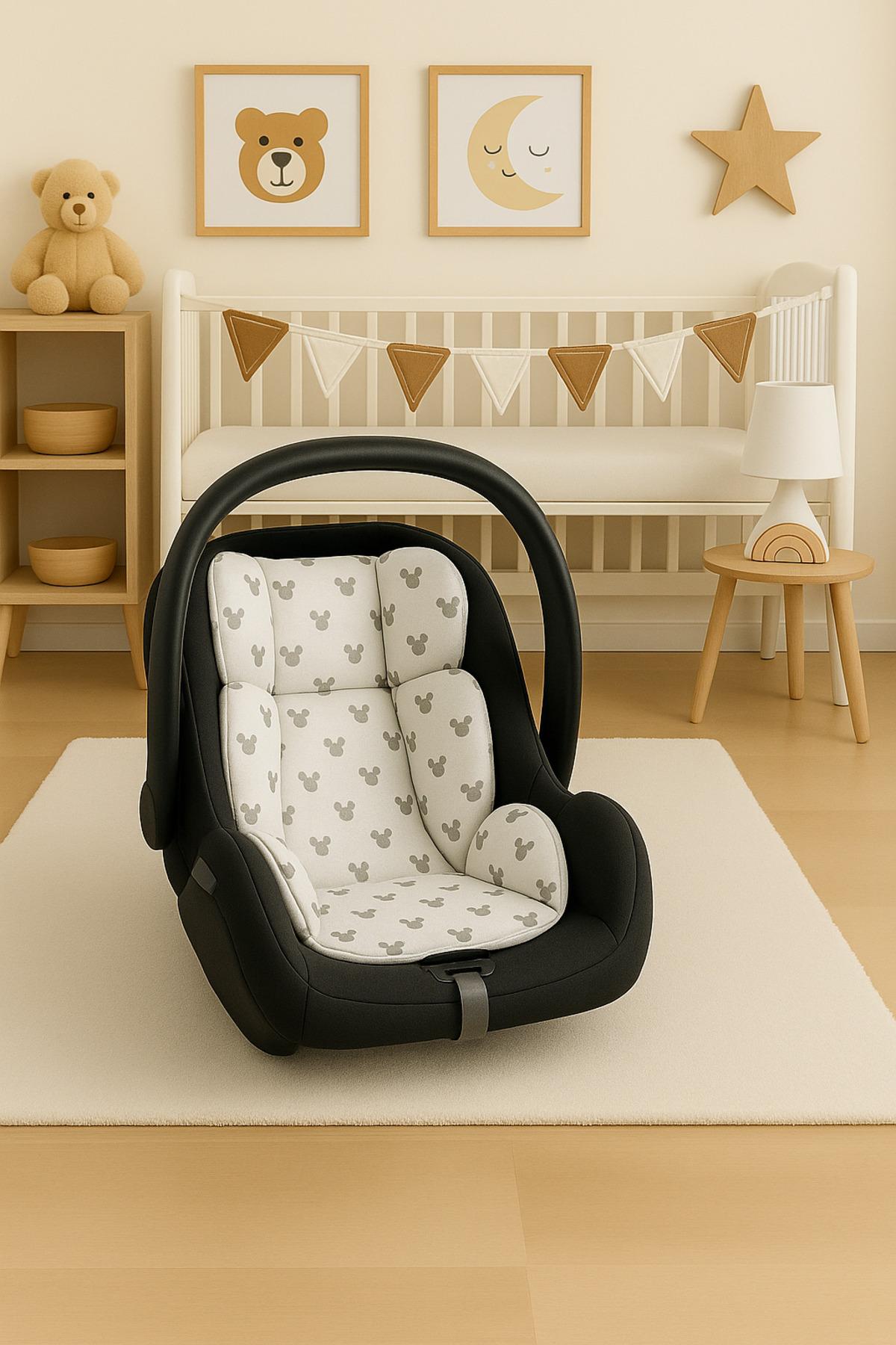 BeygeBaby Çift Katlı Gri Pike ve Mickey Desenli Çift Yönlü Puset Örtüsü, Minderi ve Çarşafı (3LÜ SET) fotoğrafı 4 (önizleme)