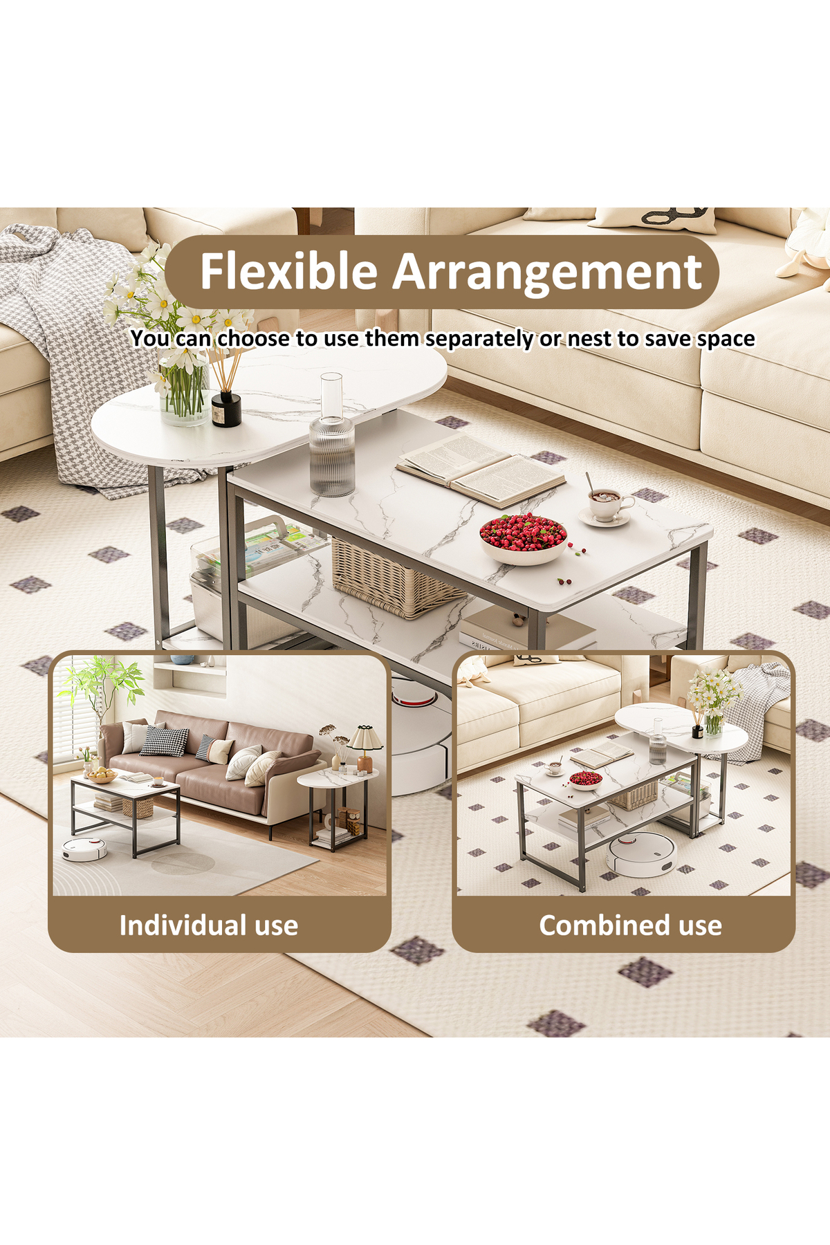 طاولة قهوة عصرية بسطح رخامي أبيض وإطار معدني أسود...