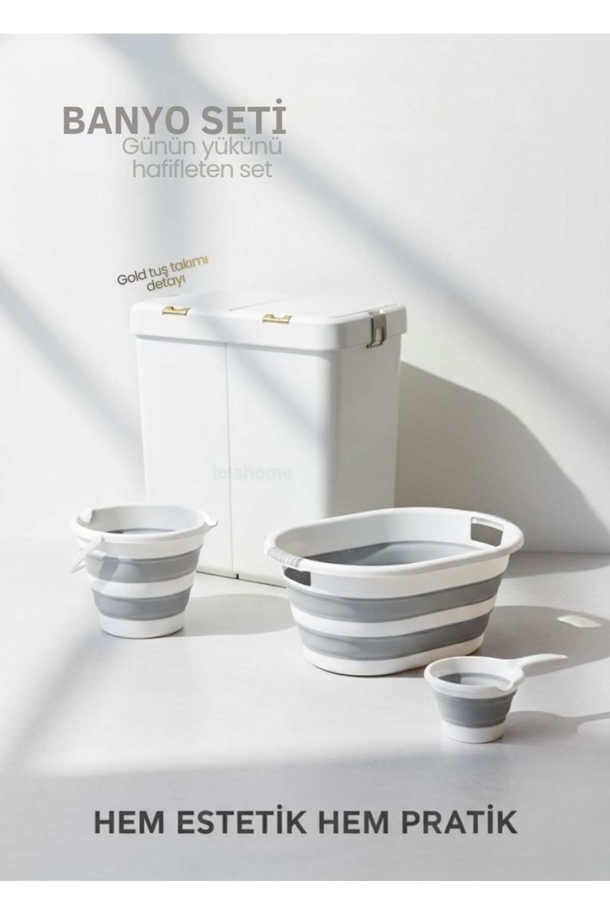 Jet's Home 4’lü Katlanabilir Çamaşır Sepeti Seti – 80 Litre Gold/Beyaz Kirli Sepeti, Sele, Su Kovası ve Maşrapa