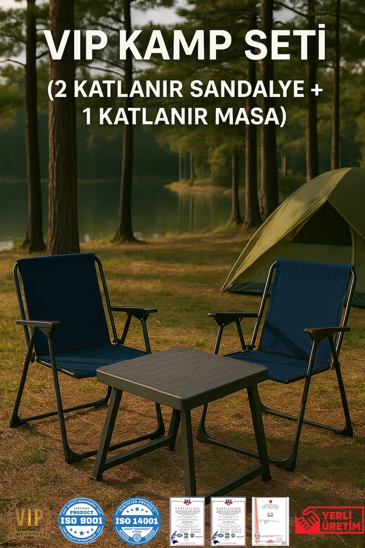 Vip Home Concept Market Ürünleri 2 Adet Kamp Sandalyesi LACİVERT VİP Katlanır Sandalye + Katlanır Plastik Kamp Masası