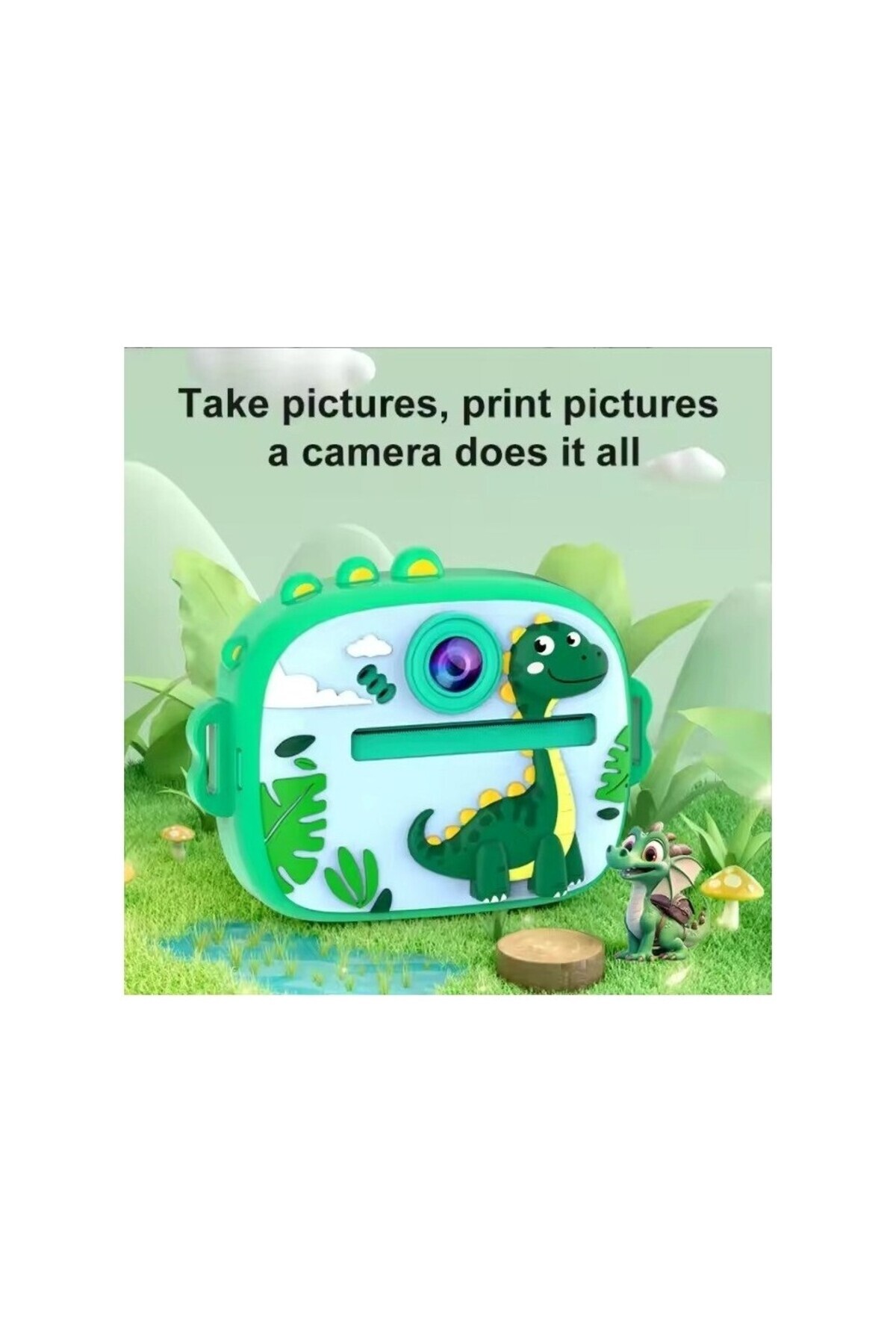 BONJUX Dinazor Temalı Anında Baskılı Çocuk Kamerası | Çift Kamera, 2,0″ Ekran, Silikon Kılıf Hediyeli