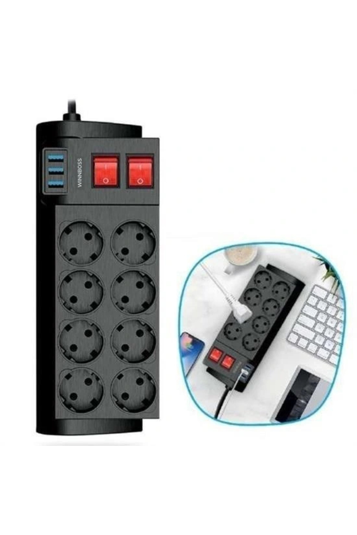 BYDNZ SHOP BUFFER® Isıya Dayanıklı Termal Akım Korumalı 2 Metre 16A 4000W 8li Priz ve 3 Usb Li Uzatma Kablosu