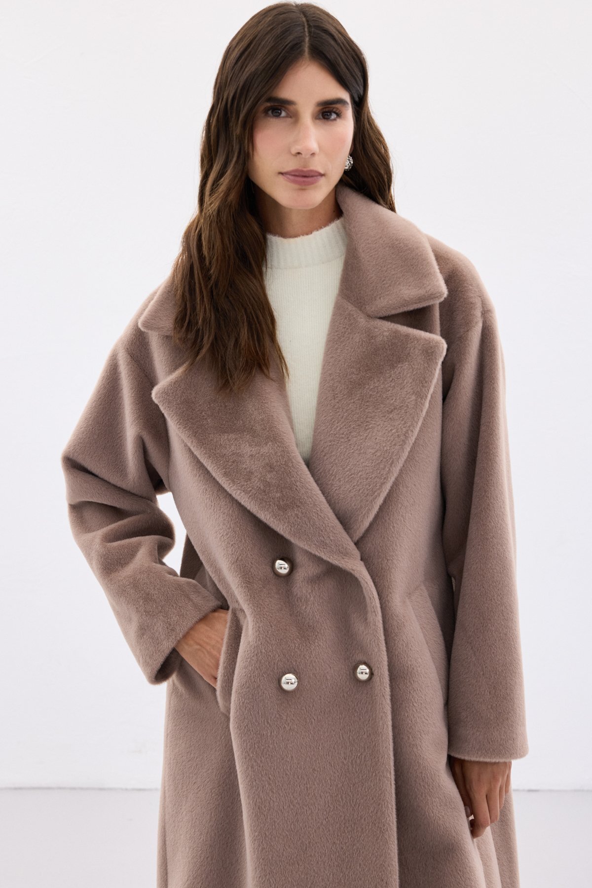 Sateen  Düğme Detaylı Uzun Kaban - Vizon - Görsel 6