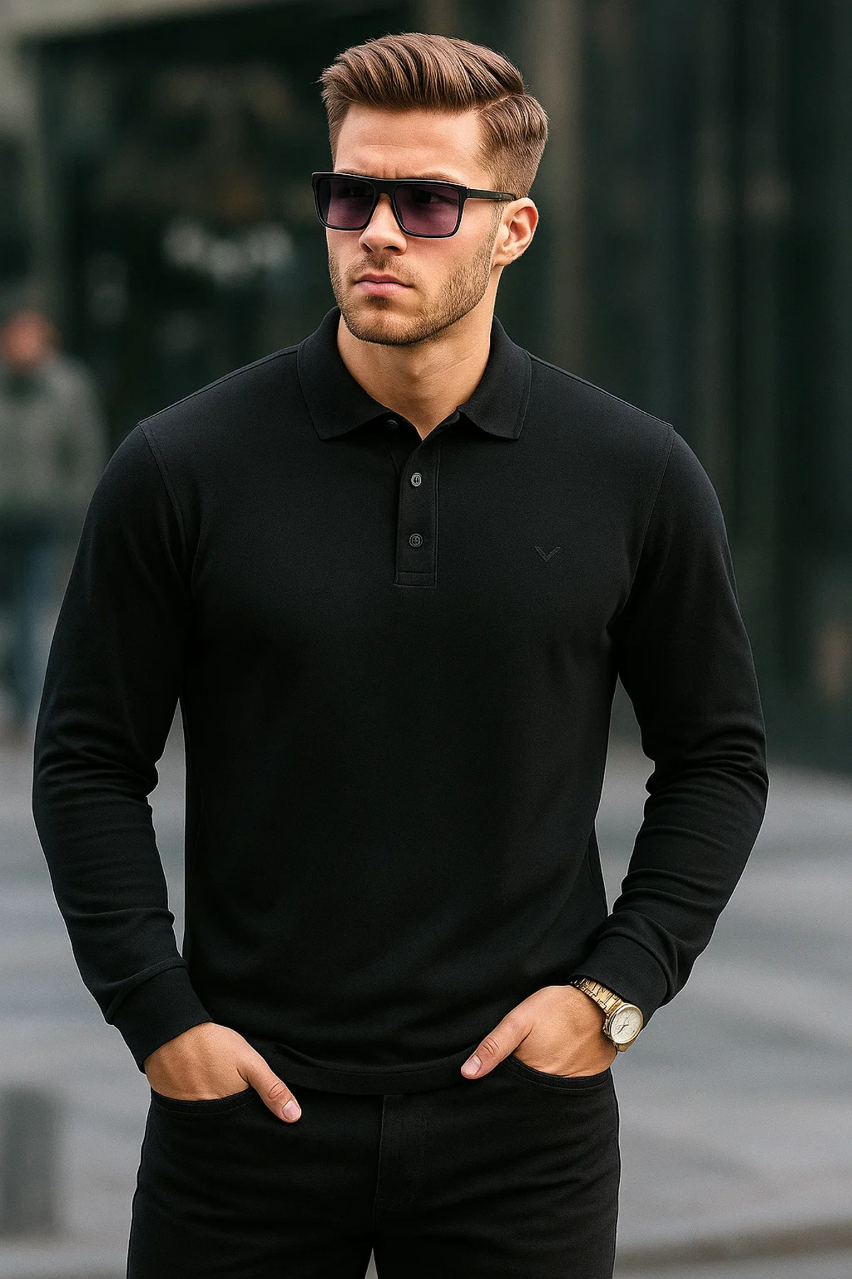 Maccali Erkek Basic Günlük Uzun Kollu Siyah Polo Yaka Tişört