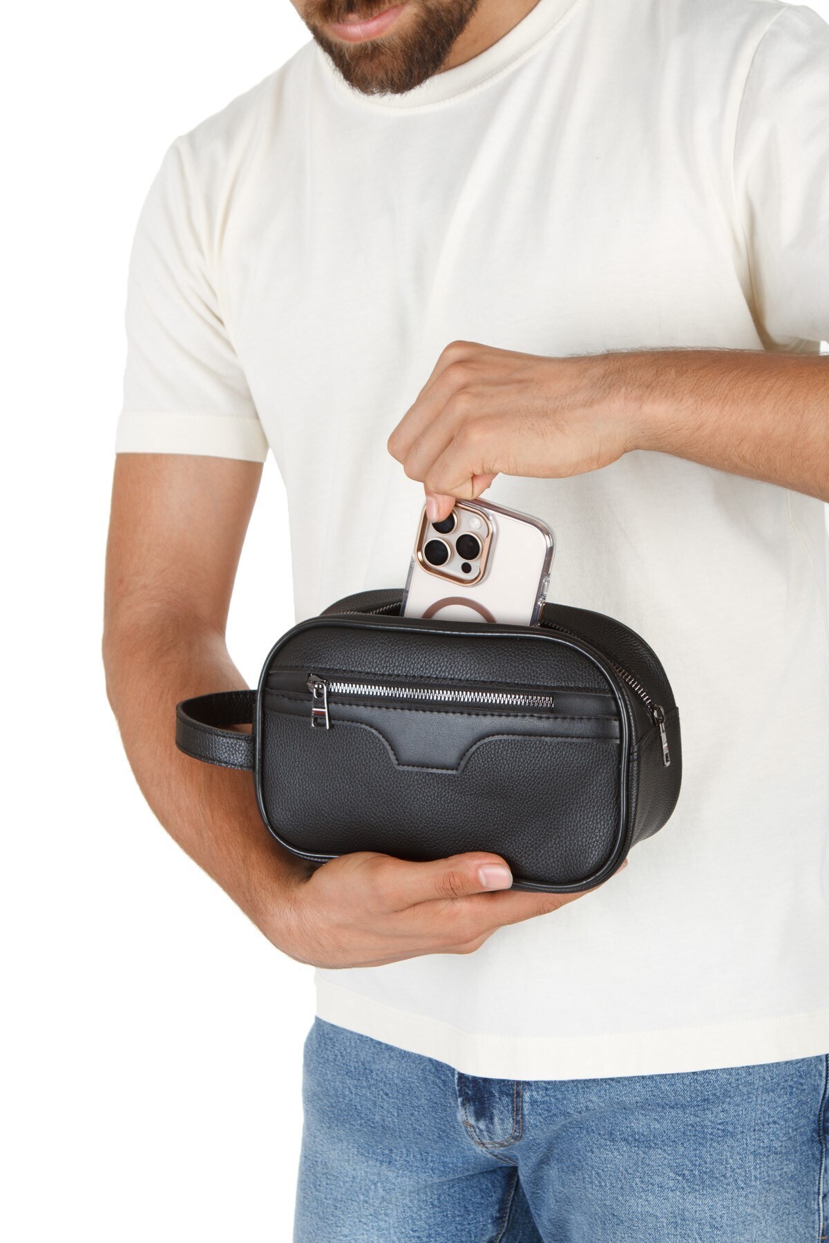 Newish Polo Erkek Deri Portföy Clutch Traş Kozmetik Bakım Ve Günlük El Çantası Siyah görsel 7