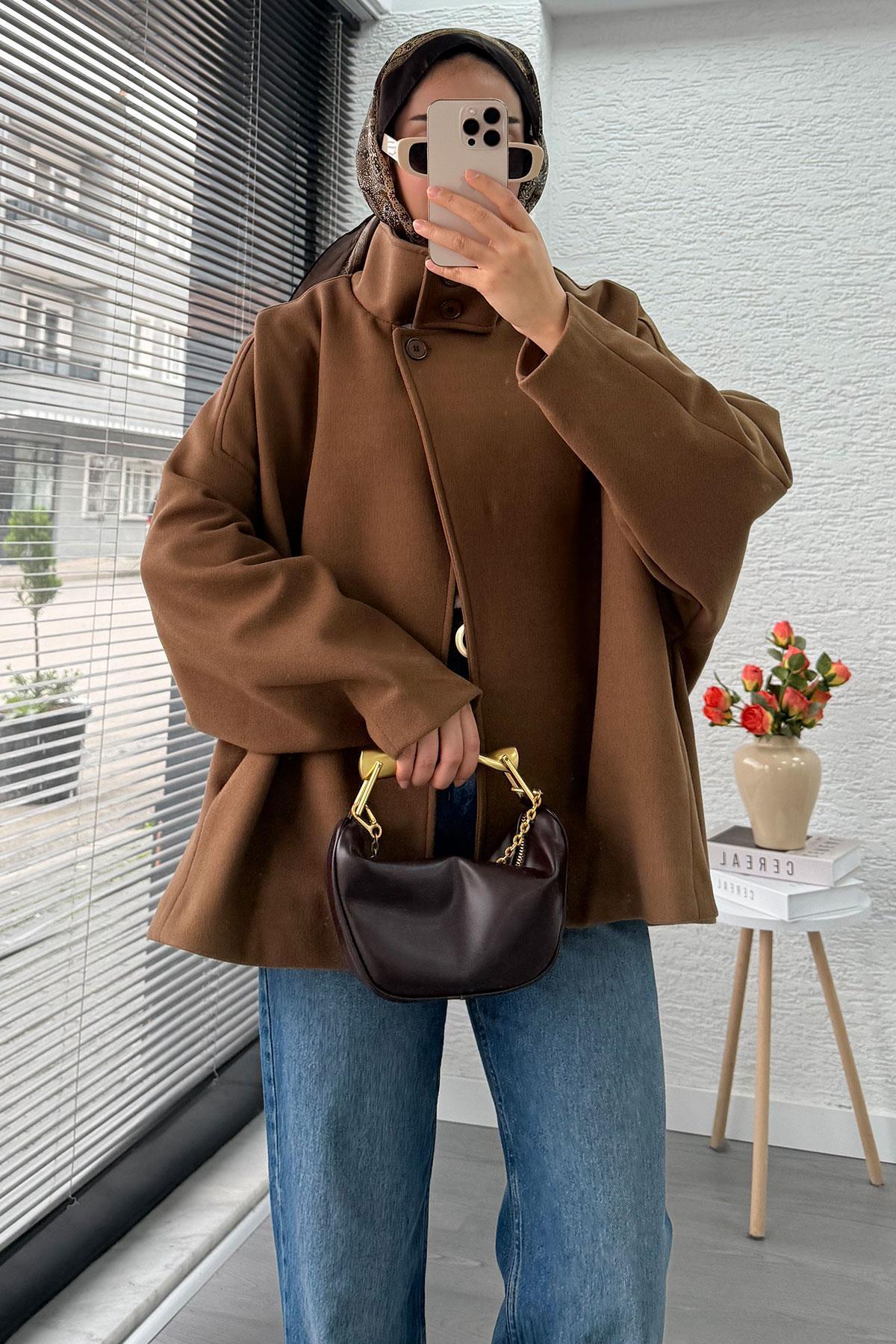 MELEK ARAZ Premium Oversize Kaşe Panço Kaban - Taba