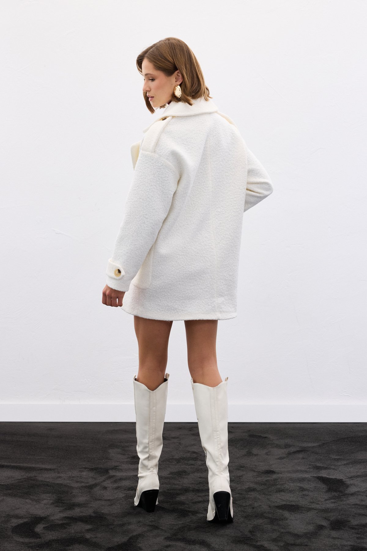 Sateen  Buklet Kısa Kaban - Ekru - Görsel 8