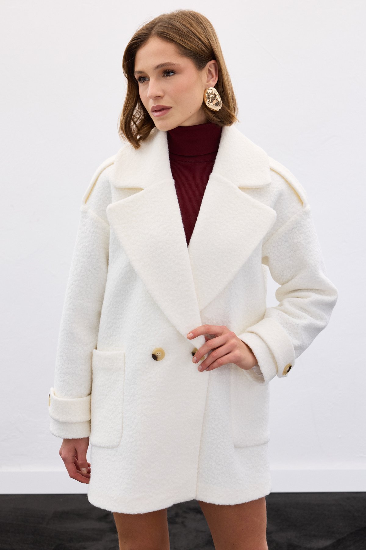 Sateen  Buklet Kısa Kaban - Ekru - Görsel 4