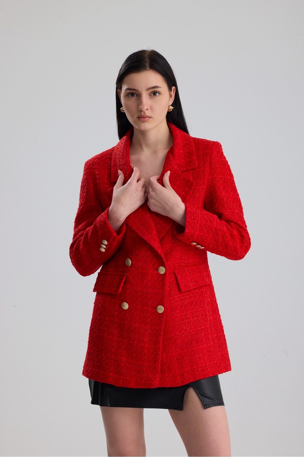 ONE WEAR  Kadın Gold Düğmeli Kruvaze Tüvit ceket - Görsel 7