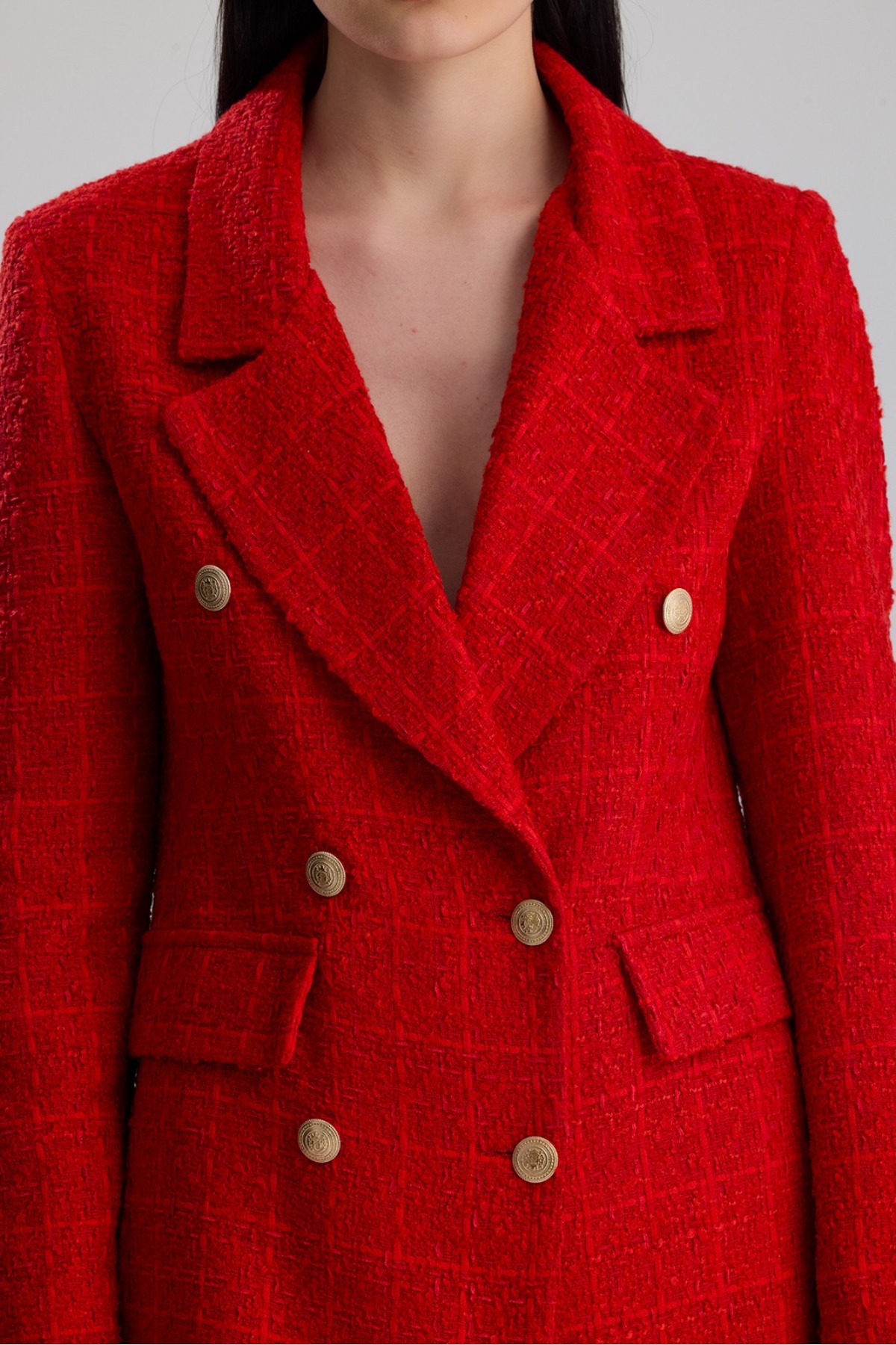 ONE WEAR  Kadın Gold Düğmeli Kruvaze Tüvit ceket - Görsel 6