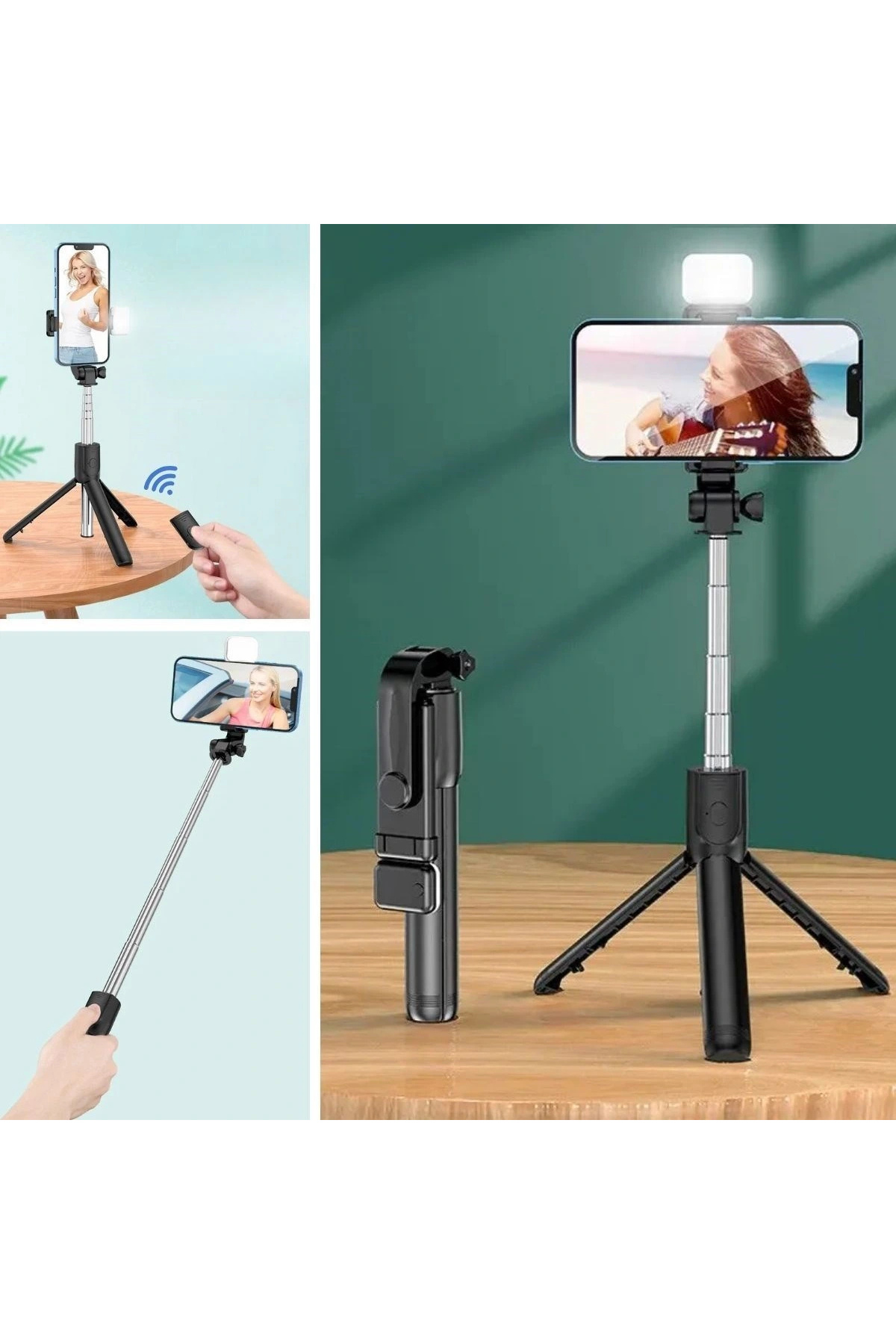 Leyloş Kendiliğinden Işıklı Masaüstü Tripod Olabilen Telefon Tutuculu Kablosuz Kumandalı Selfie Çubu