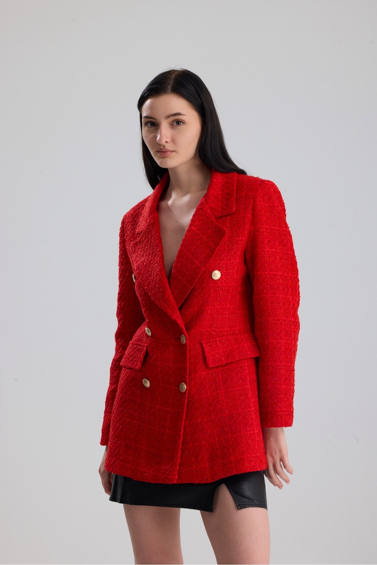 ONE WEAR  Kadın Gold Düğmeli Kruvaze Tüvit ceket - Görsel 4