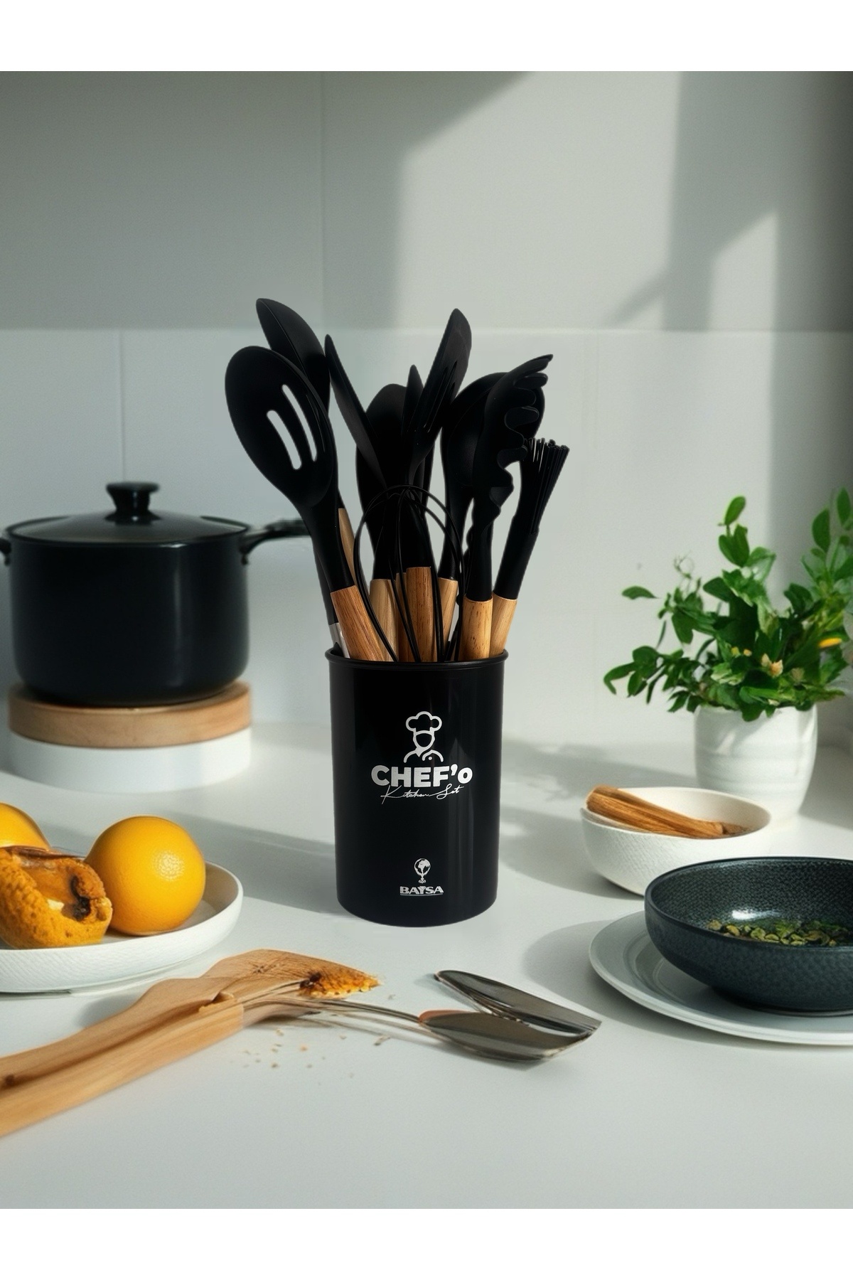 BAYSA CHEF'o 12li ısıya dayanıklı slikon mutfak seti ahşap saplı