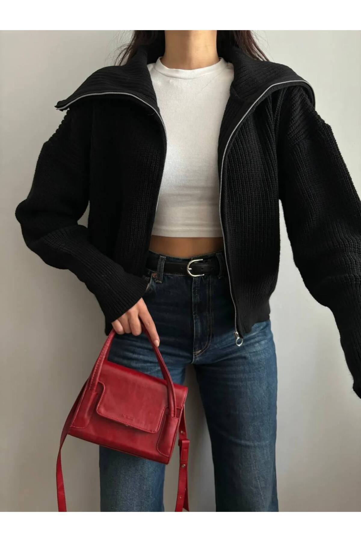 Nopen Knitwear VB Steel Kadın Siyah Devrik Yaka Fermuarlı Triko Hırka