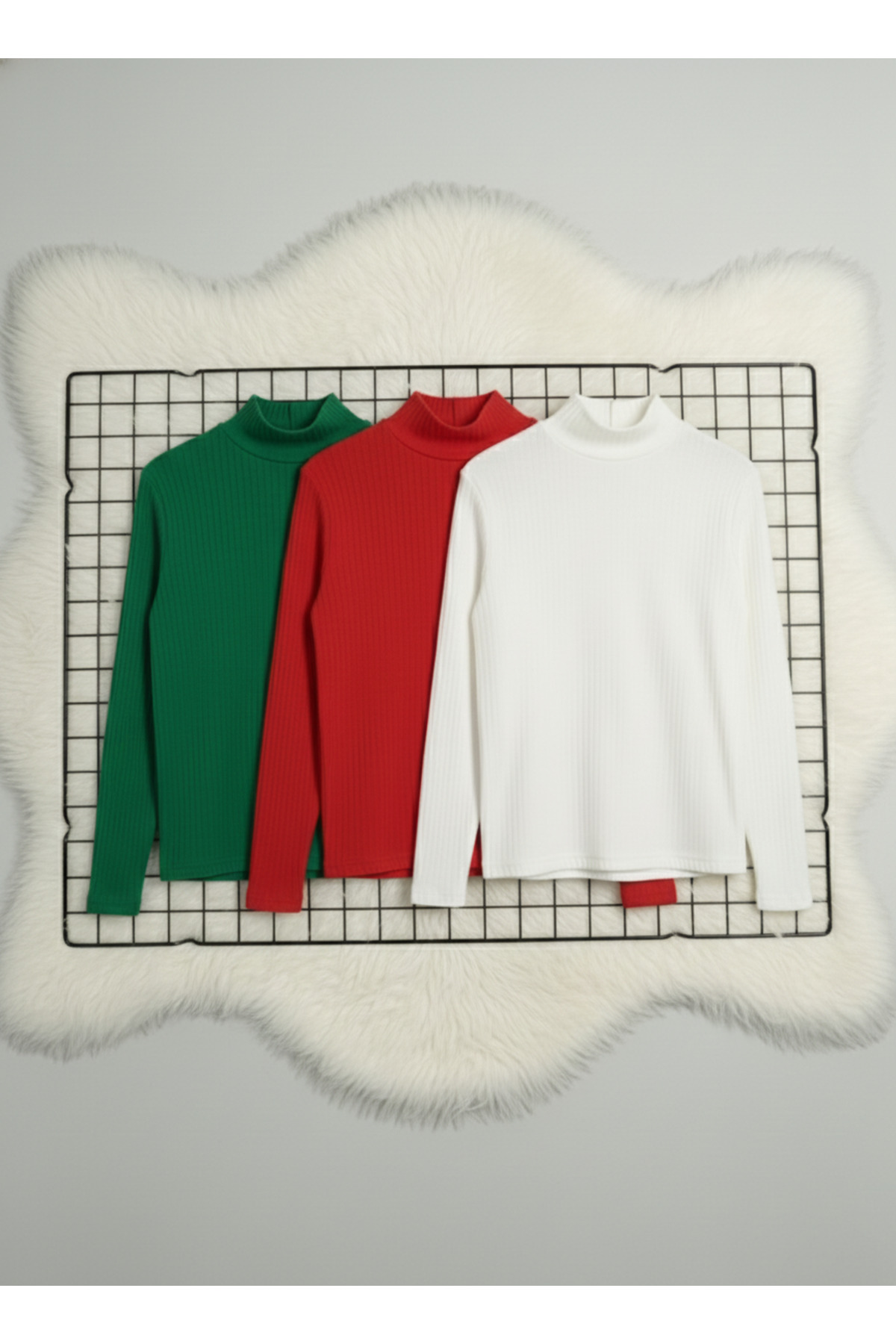 Girls & Boys 3-Pack Red Green White Ribbed Half Turtleneck Long Sleeve Bodysuit Underwear