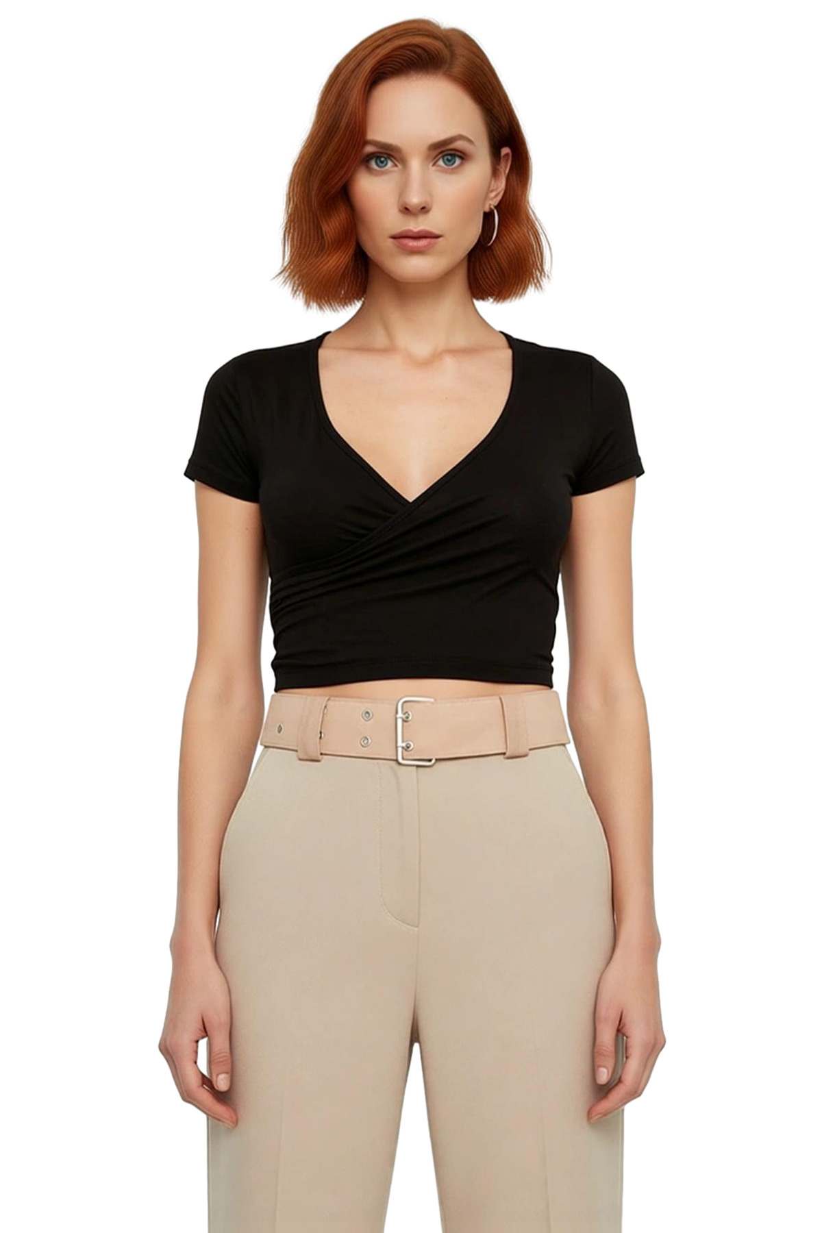 Viskon Süprem Fitted V Yaka Kısa Kollu Crop Bluz Seçkin Malzeme Rahat Kullanım