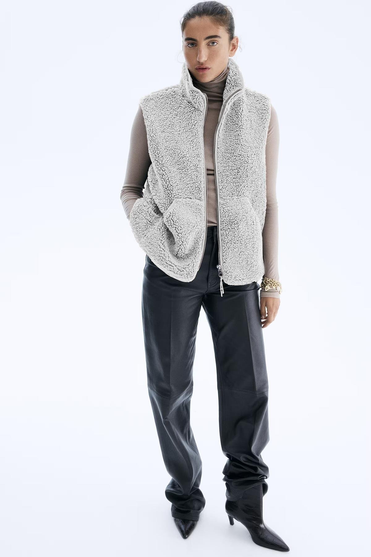 Madmext Gray Mock Neck Women's Plush Vest Mg2578- Trendyol