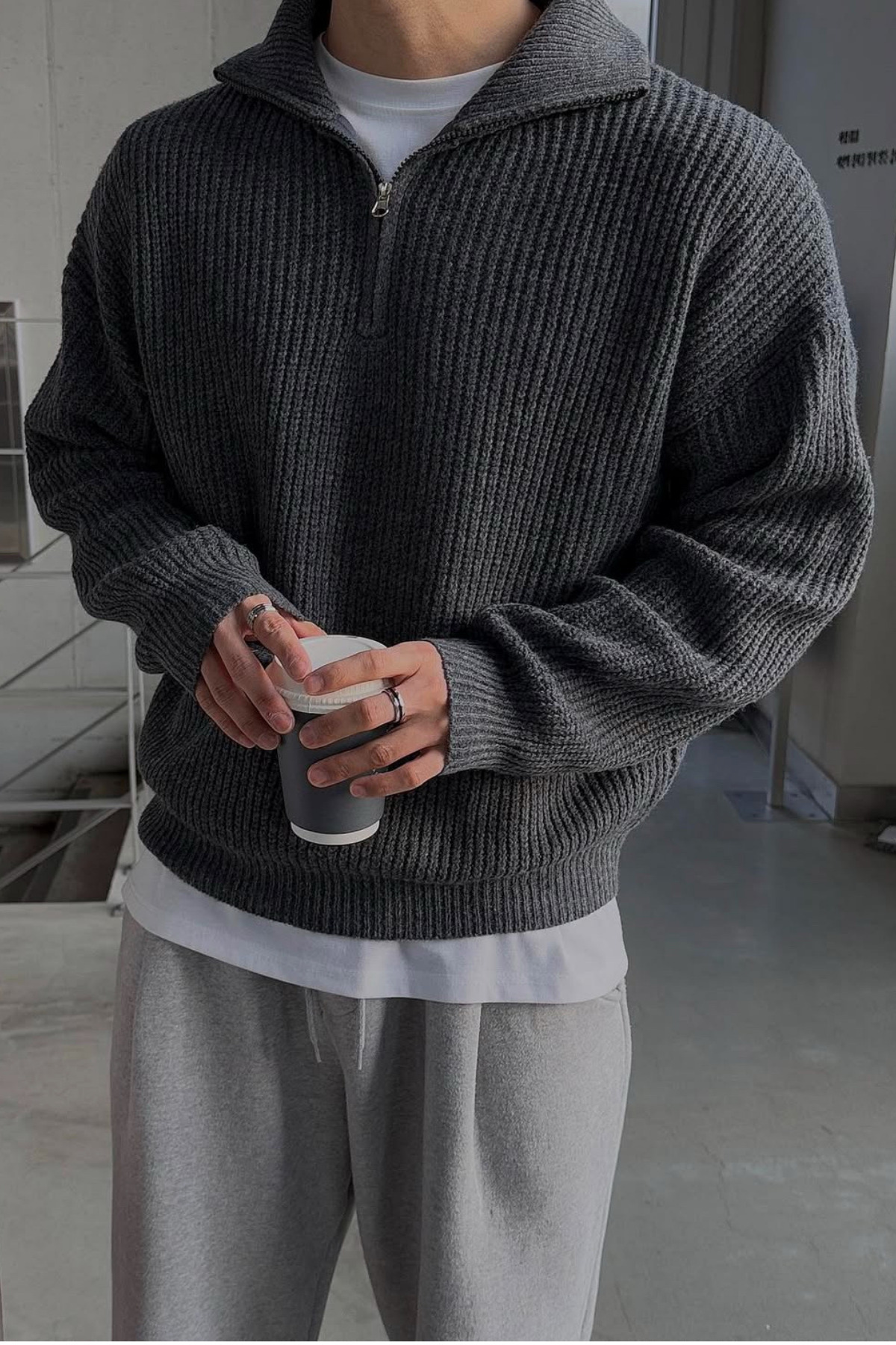 COOL TARZ Füme Erkek Oversize Fermuarlı Balıkçı Triko Kazak