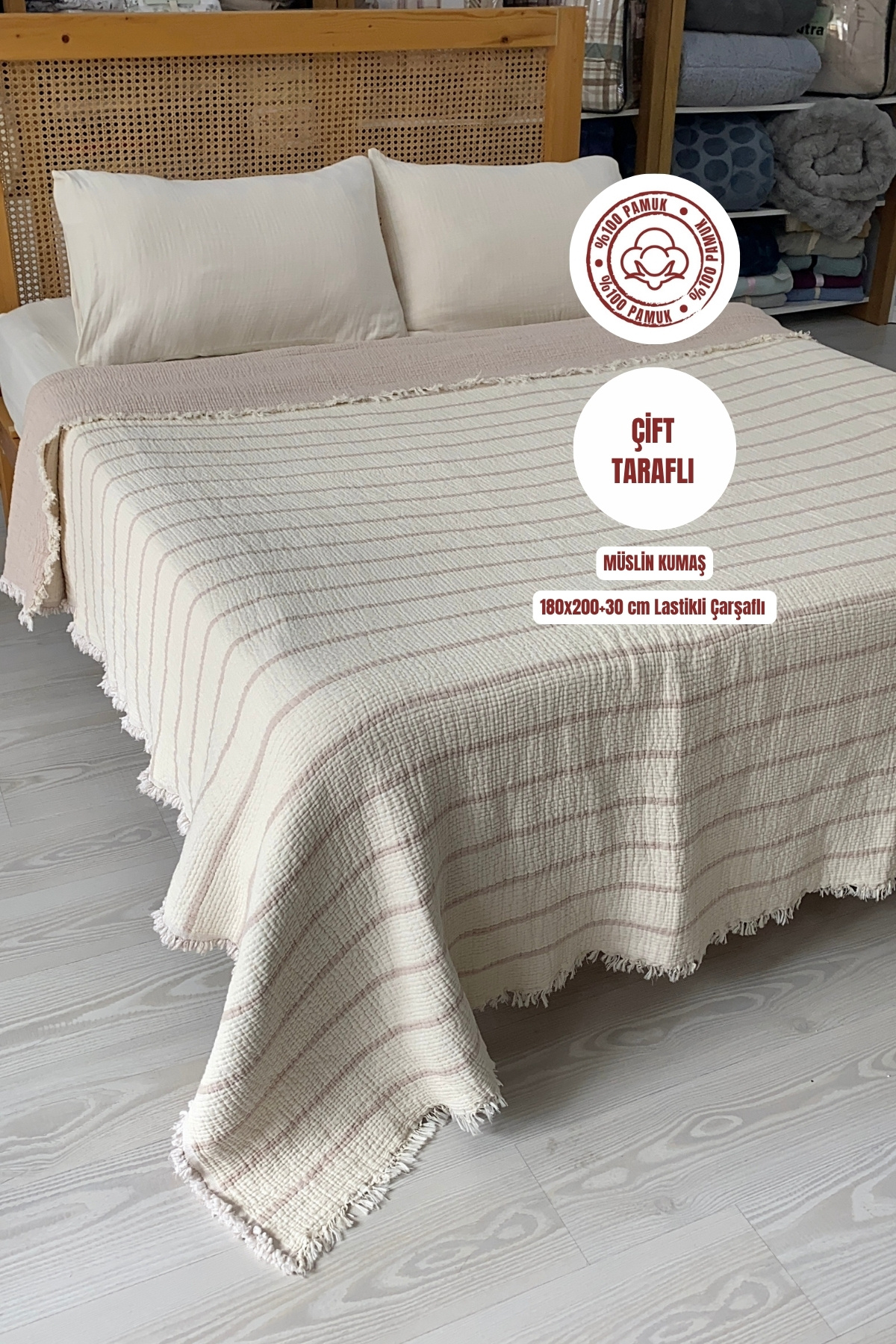 sutra 8 Kat Müslin Yorganlı Çift Kişilik Lastikli Çarşaflı Müslin Uyku Seti