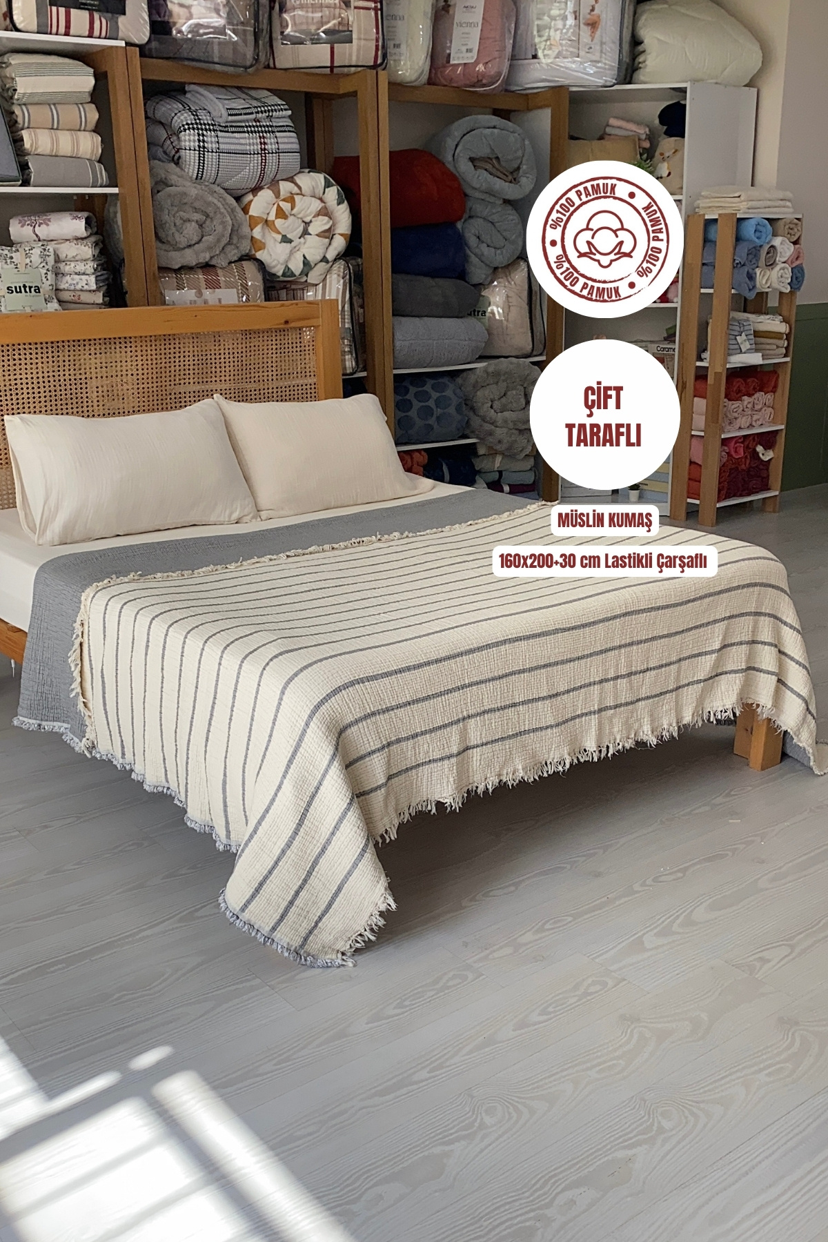 sutra 8 Kat Müslin Yorganlı Çift Kişilik Lastikli Çarşaflı Müslin Uyku Seti