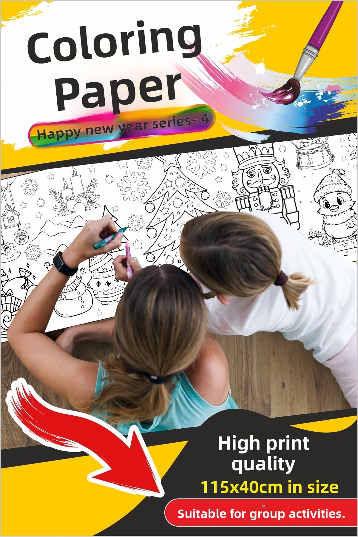 فعالیت نقاشی کریسمس با کاغذ رنگآمیزی غولپیکر شامل آدمبرفی، درخت کاج و تزئینات