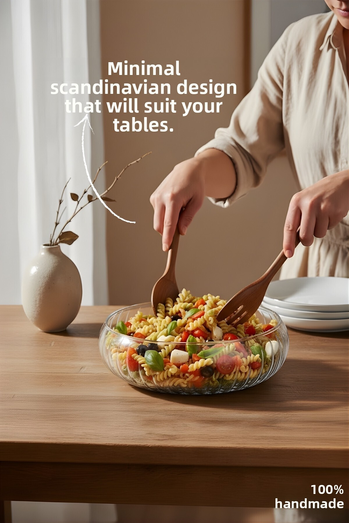 Nandy Home Σετ 2 Γυάλινα Μπολ Σαλάτας Μεγάλου Μεγέθους - Μπολ Σκανδιναβικού Στυλ - Διαφανές Μπολ