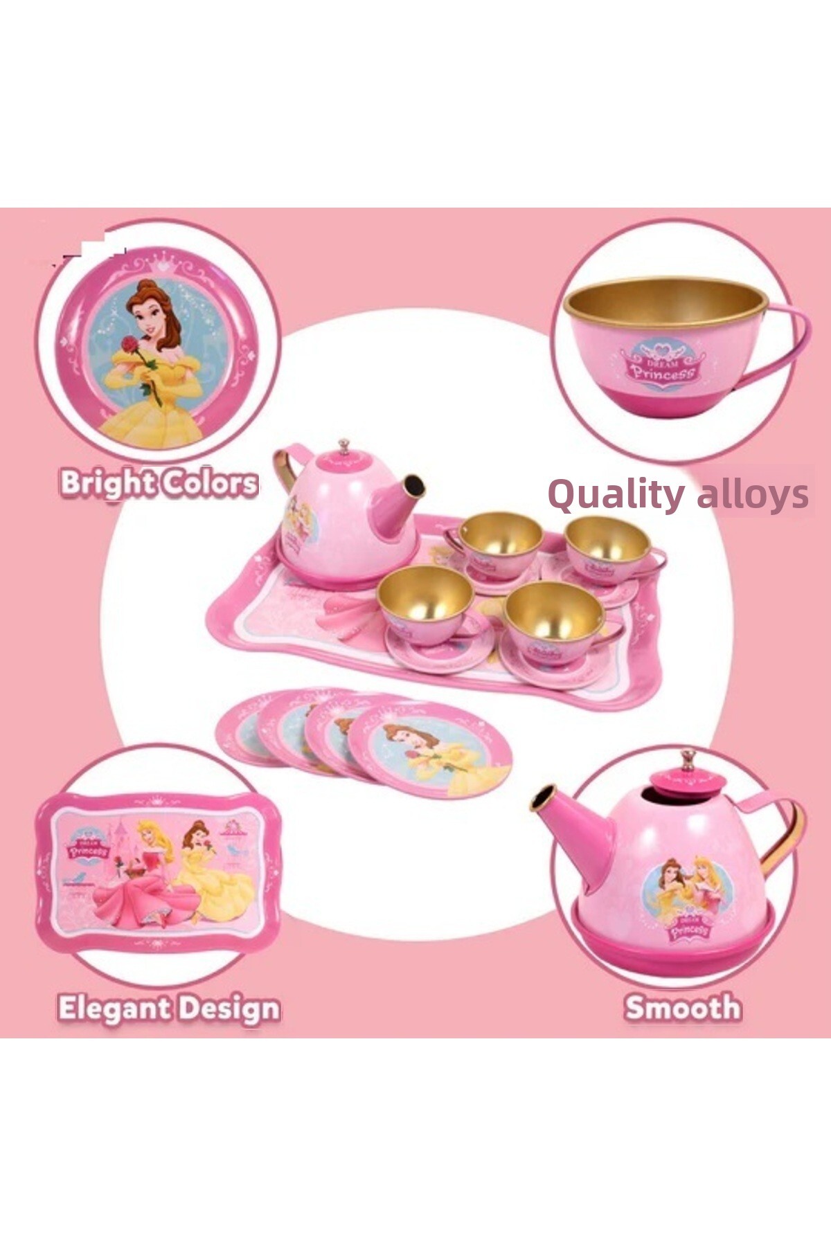 ست چای بازی فلزی ۱۴ تکه دخترانه صورتی پرنسس