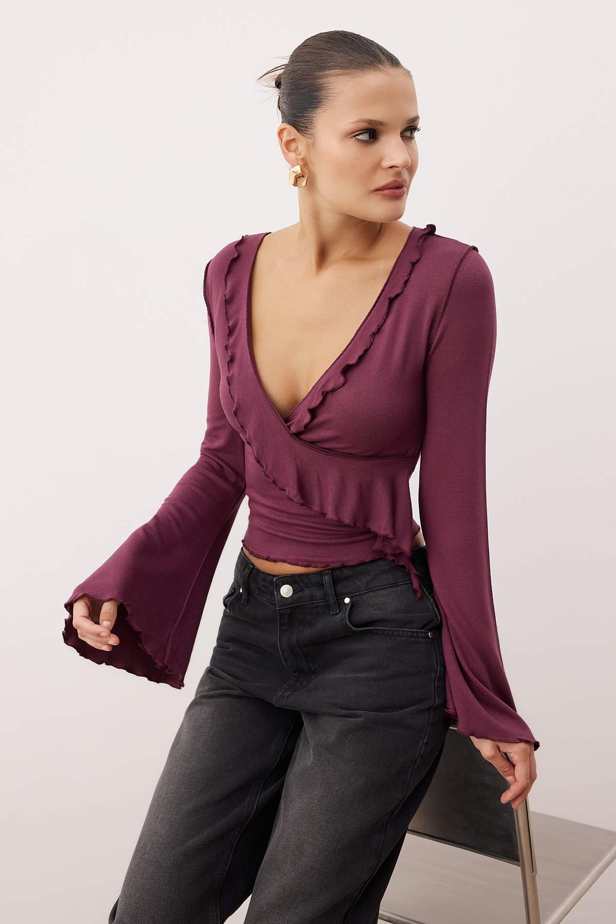 Trendyolmilla  Mürdüm Anvelop Triko Görünümlü İspanyol Kol Regular/Normal Kalıp Örme Bluz TWOAW25BZ00151 - Görsel 2