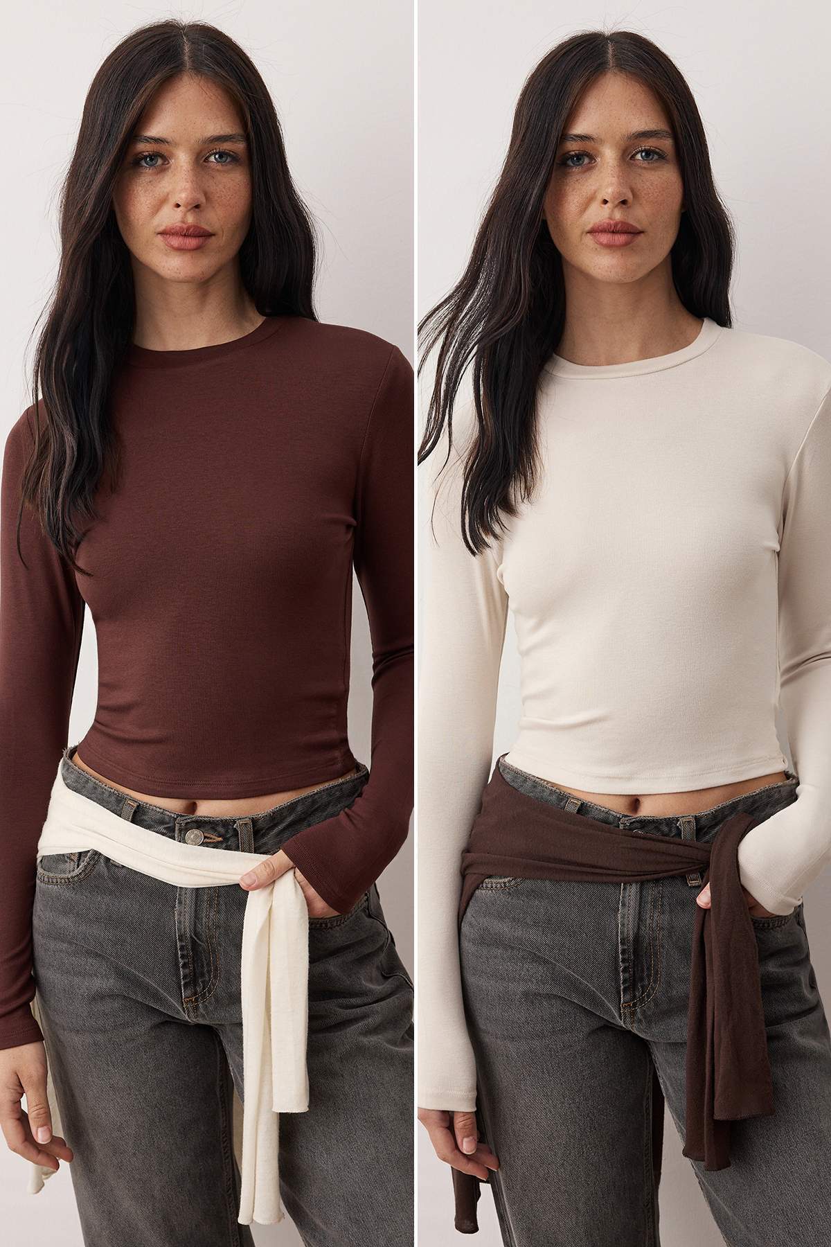 Trendyolmilla Taş-Koyu Kahverengi İkili Paket Crop/Kısa Fitted/Vücuda Oturan Örme Bluz TWOAW25BZ00061