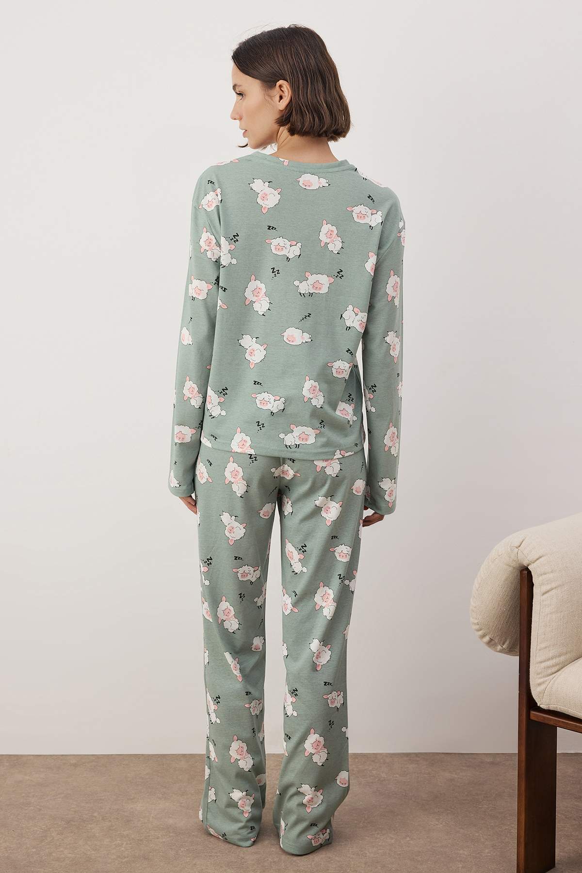 Trendyolmilla  Mint %100 Pamuklu Uyku Temalı Kuzu Desenli Örme Pijama Takımı THMAW26PT00046 - Görsel 4