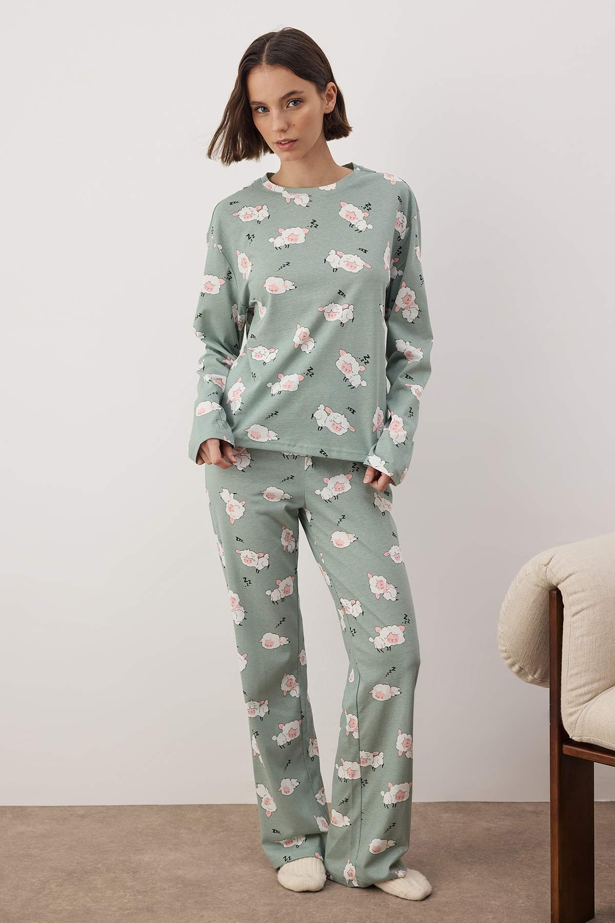 Trendyolmilla  Mint %100 Pamuklu Uyku Temalı Kuzu Desenli Örme Pijama Takımı THMAW26PT00046 - Görsel 2