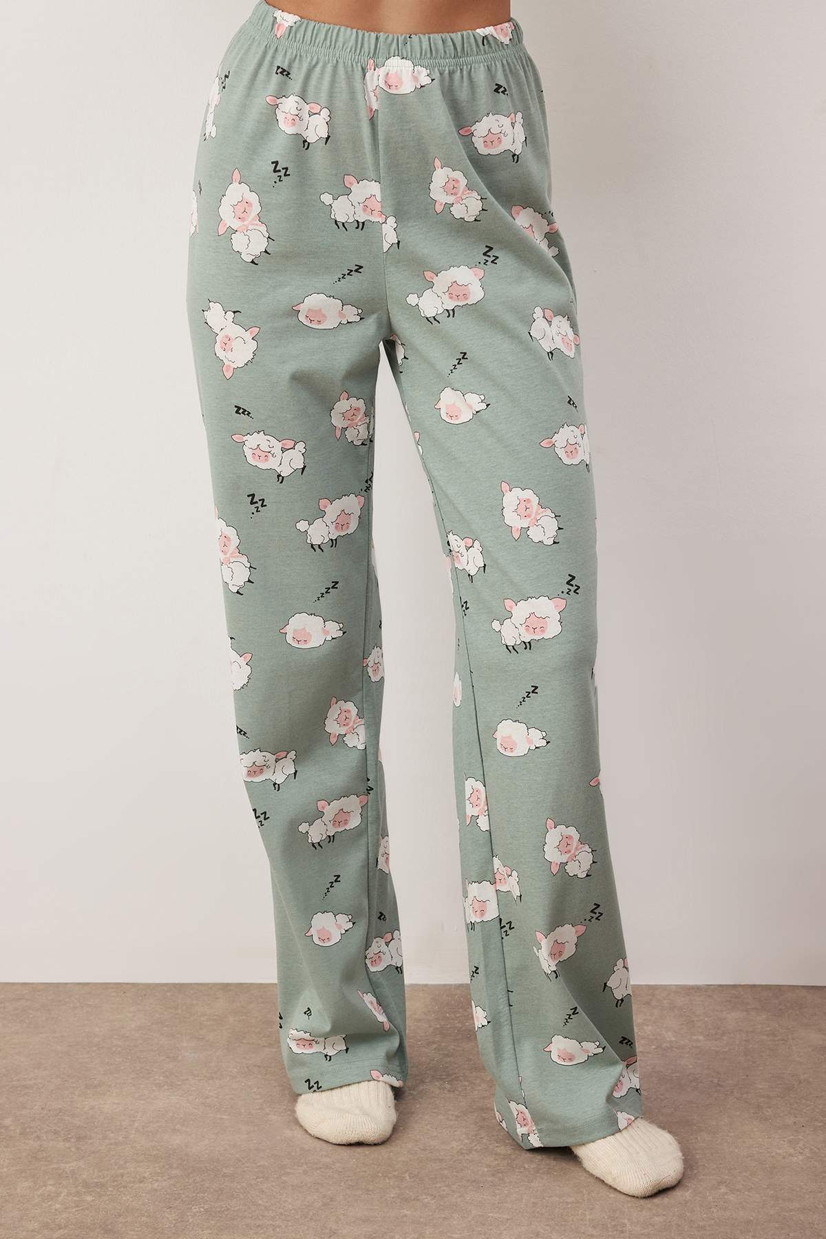 Trendyolmilla  Mint %100 Pamuklu Uyku Temalı Kuzu Desenli Örme Pijama Takımı THMAW26PT00046 - Görsel 3