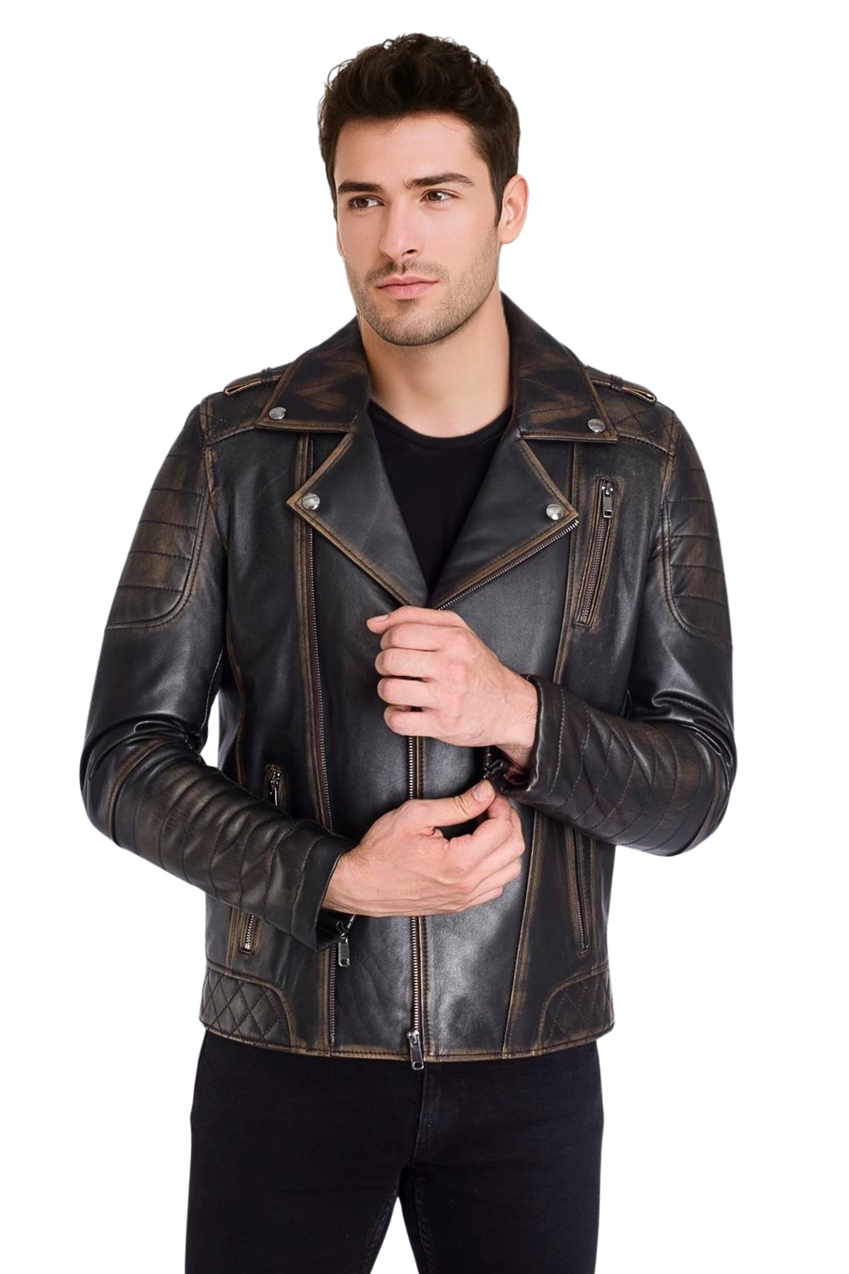 DERİJE Modric Hakiki Deri Erkek Vintage Eskitme Biker Motorcu Tarzı Mont