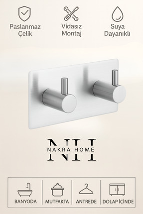 NAKRA HOME Paslanmaz Çelik Yapışkanlı 2'li Askılık | Delmeden Montaj Suya Day...