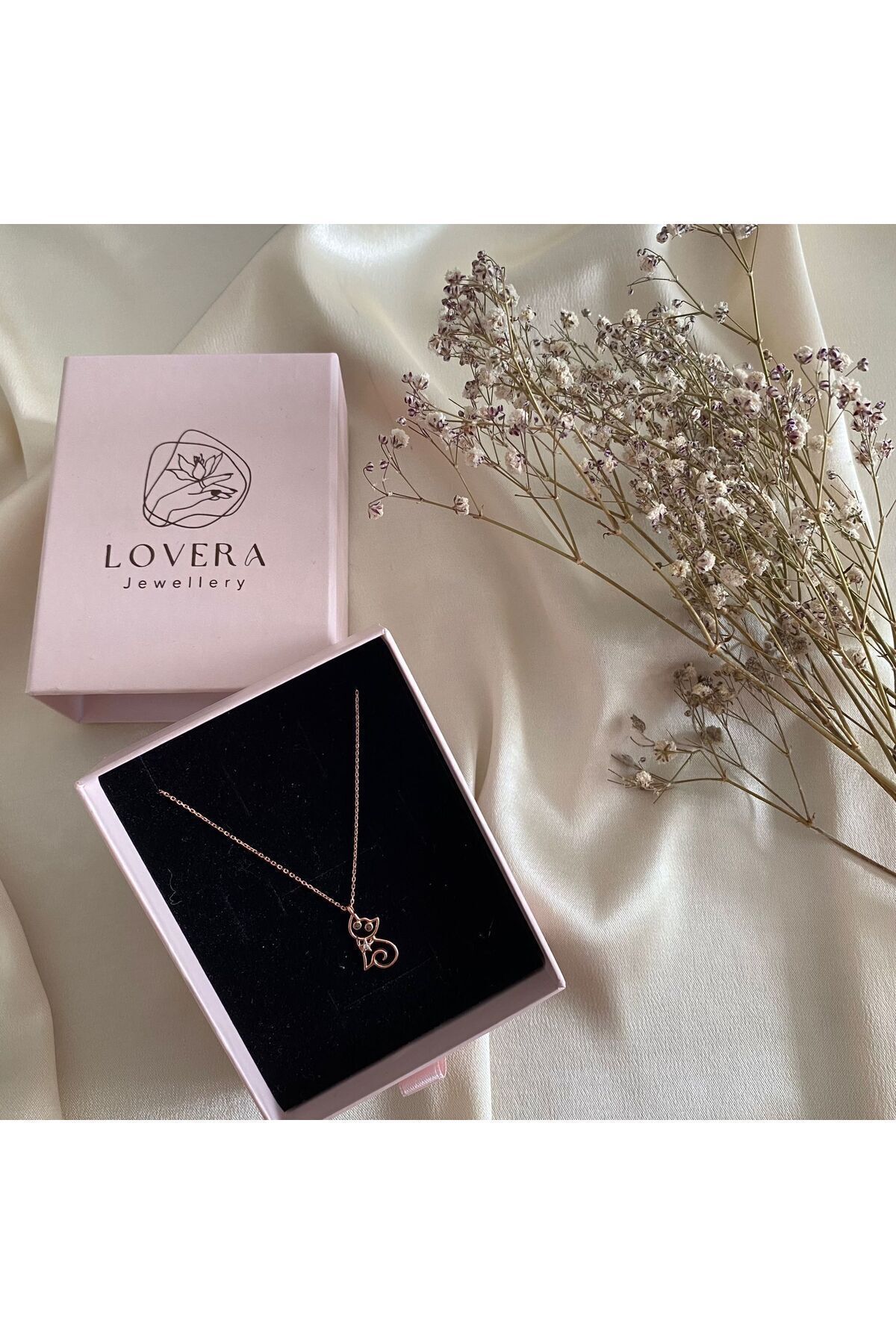 Lovera Jewellery 925 Ayar Gümüş Sertifikalı Rose Renk Kedi Kolye görsel 2