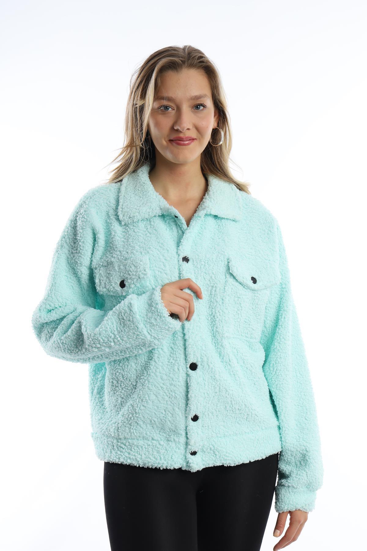 Women's Snap Closure Curly Plush Jacket Mint