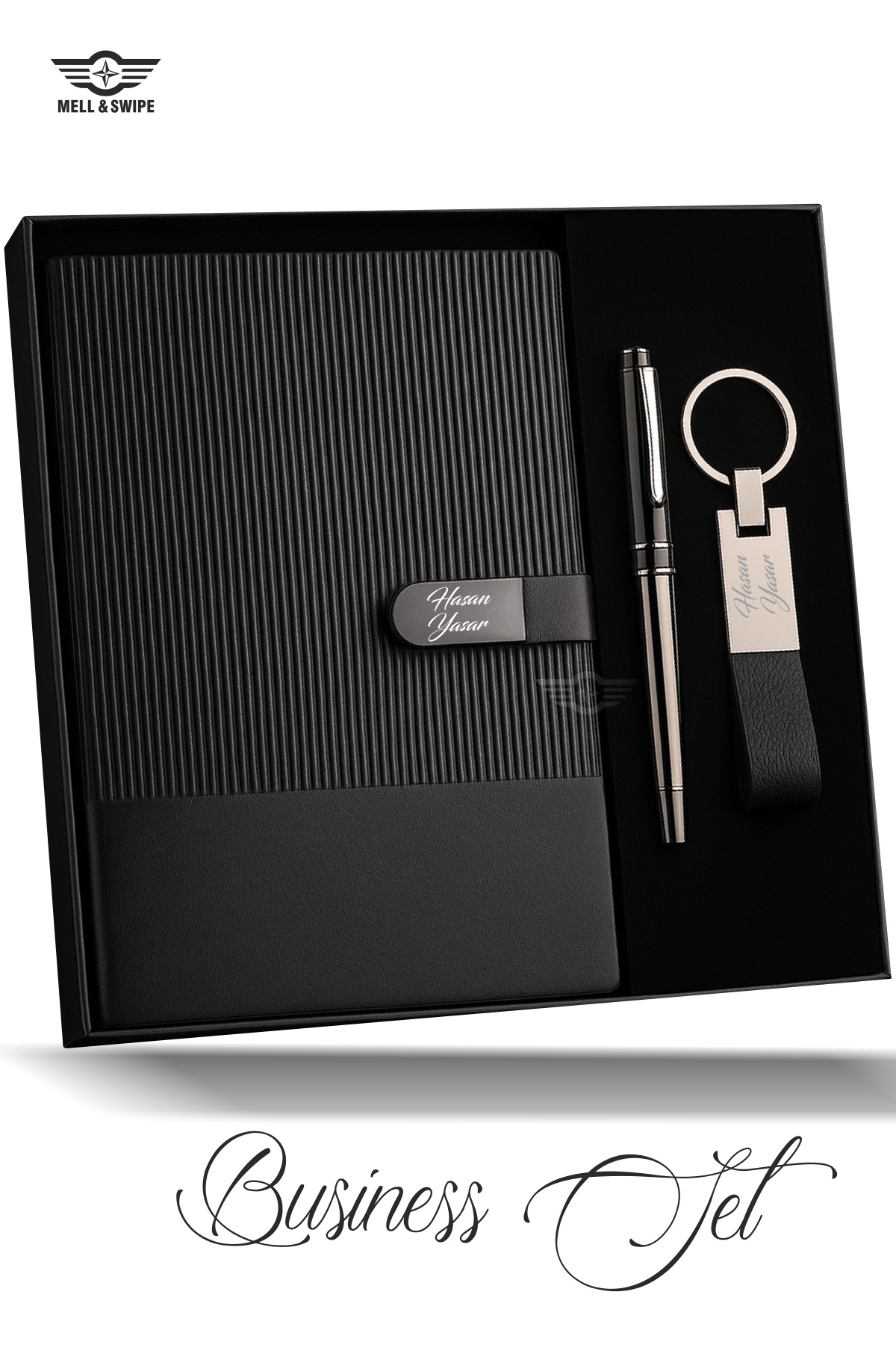 MELL & SWIPE Kişiye İsme Özel Premium Siyah Ajanda Kalem Anahtarlık Seti Termo Deri Defter Kutulu Hediyelik