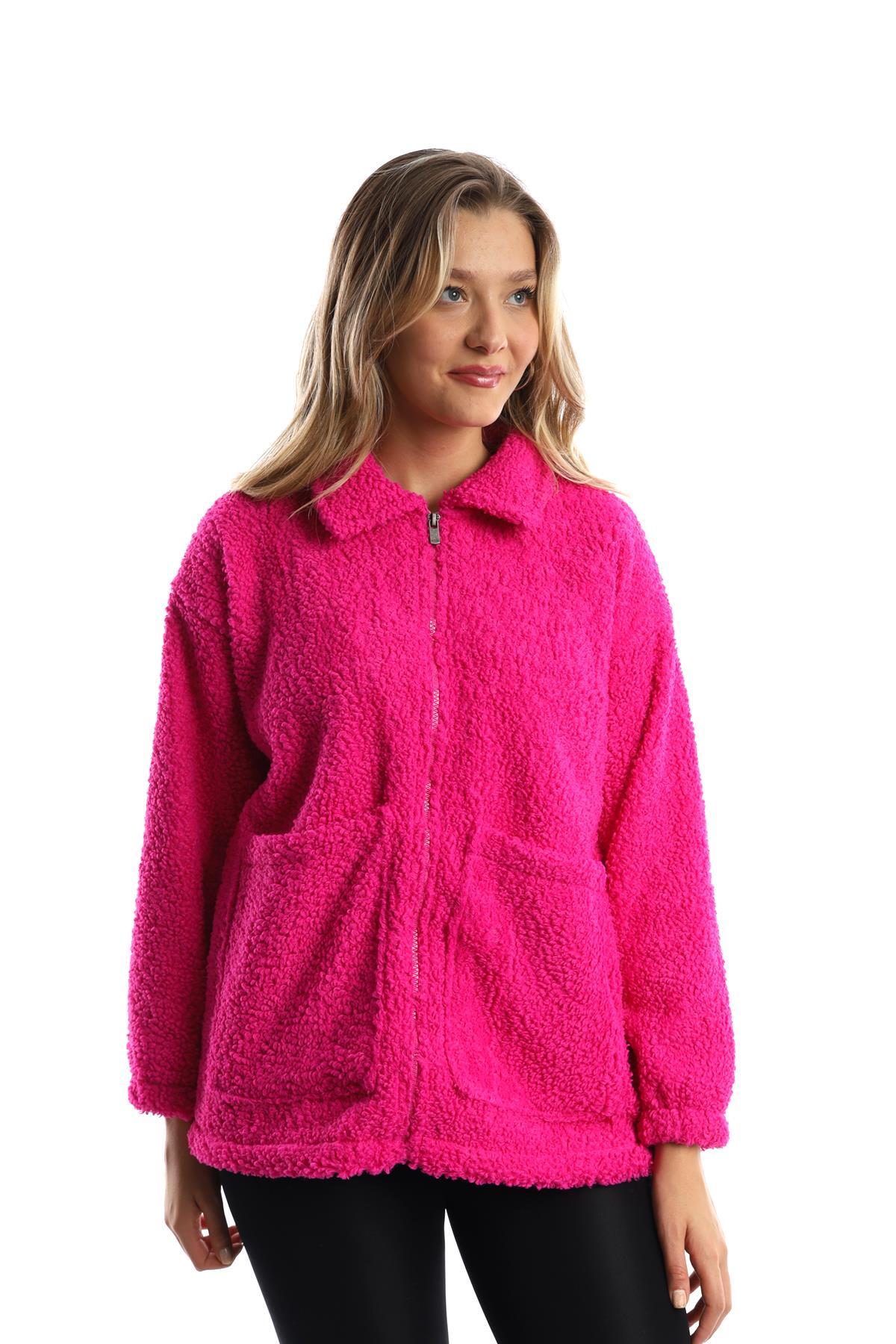 Women's Zippered Stopper Detailed Curly Plush Jacket Fuchsia