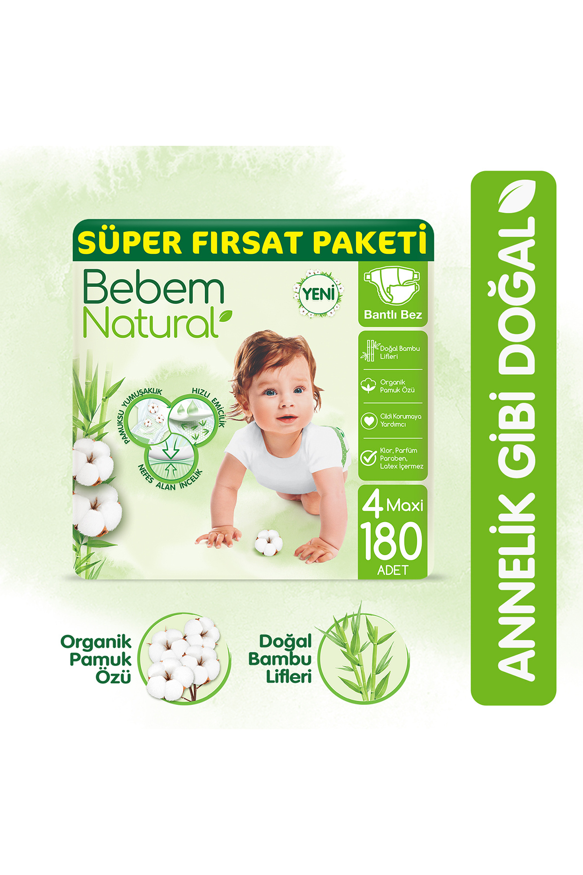 Bebem Natural Bebek Bezi 4 Beden Maxi Süper Fırsat Paketi 180 Adet