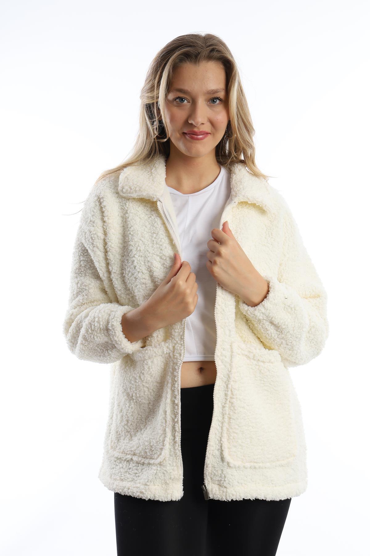 Women's Zippered Stopper Detailed Curly Plush Jacket Ecru