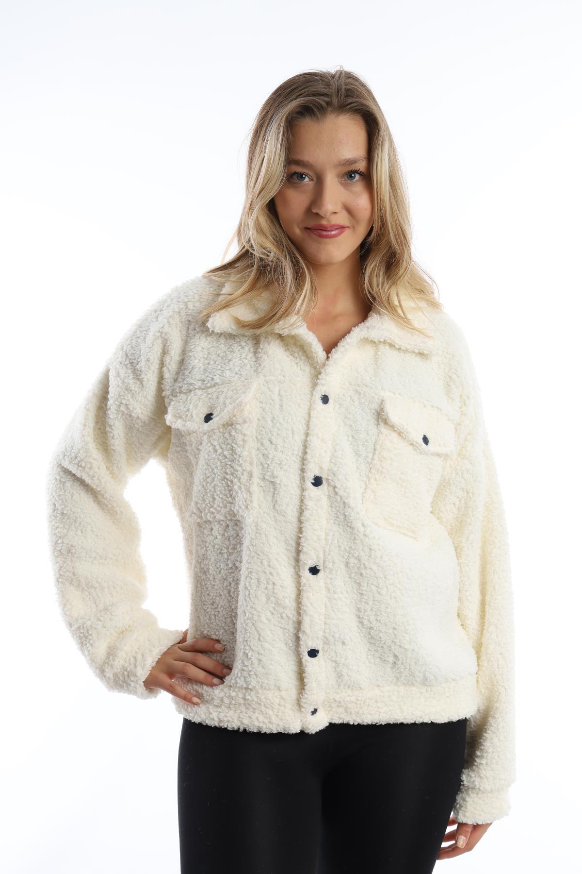 Women's Snap Closure Curly Plush Jacket Ecru