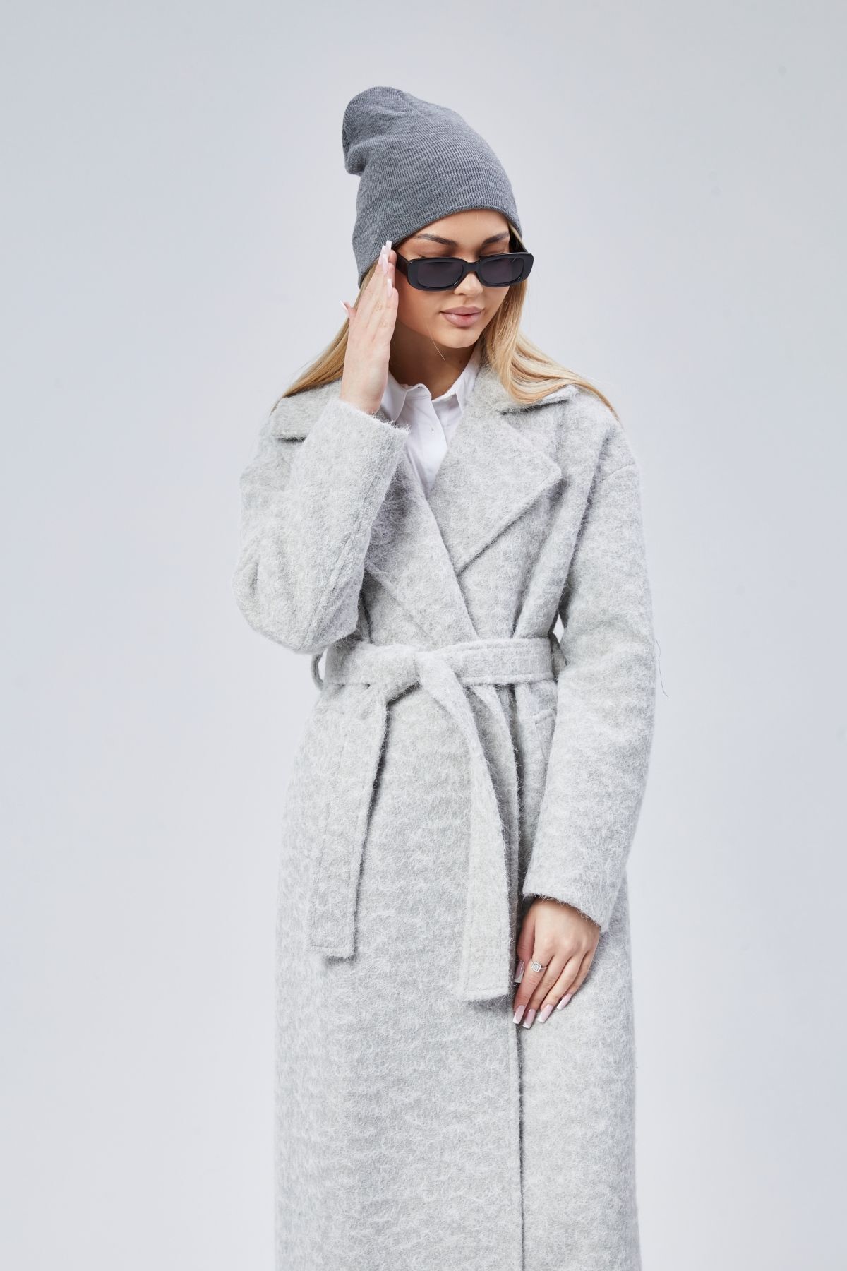 Bolivente  Gri Buklet Kaşe Oversize Kaban - Görsel 5