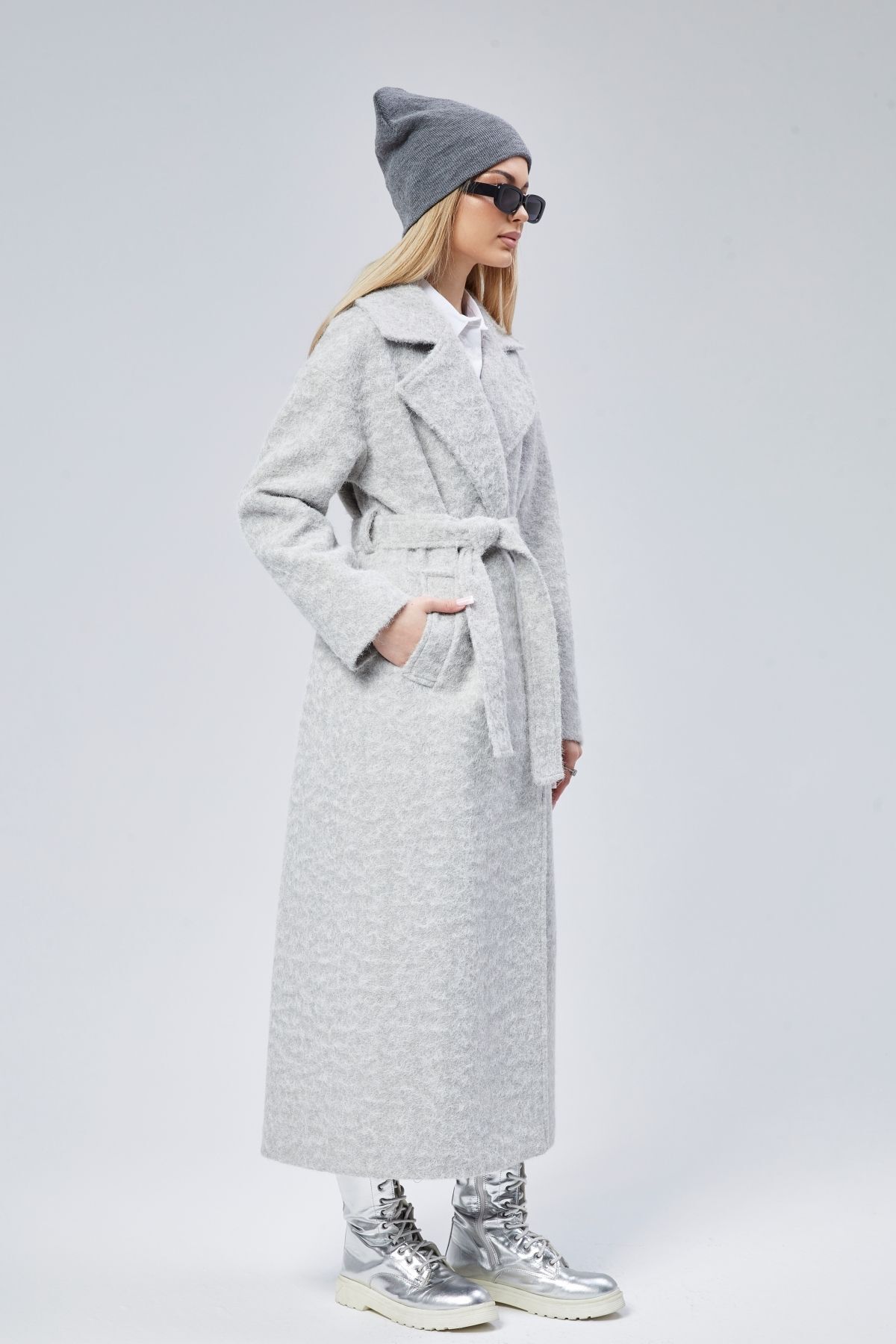 Bolivente  Gri Buklet Kaşe Oversize Kaban - Görsel 4